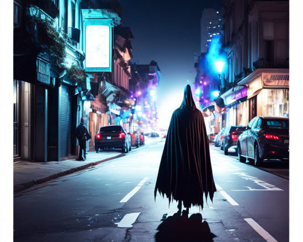 Mysterious cloaked figure in urban street at night