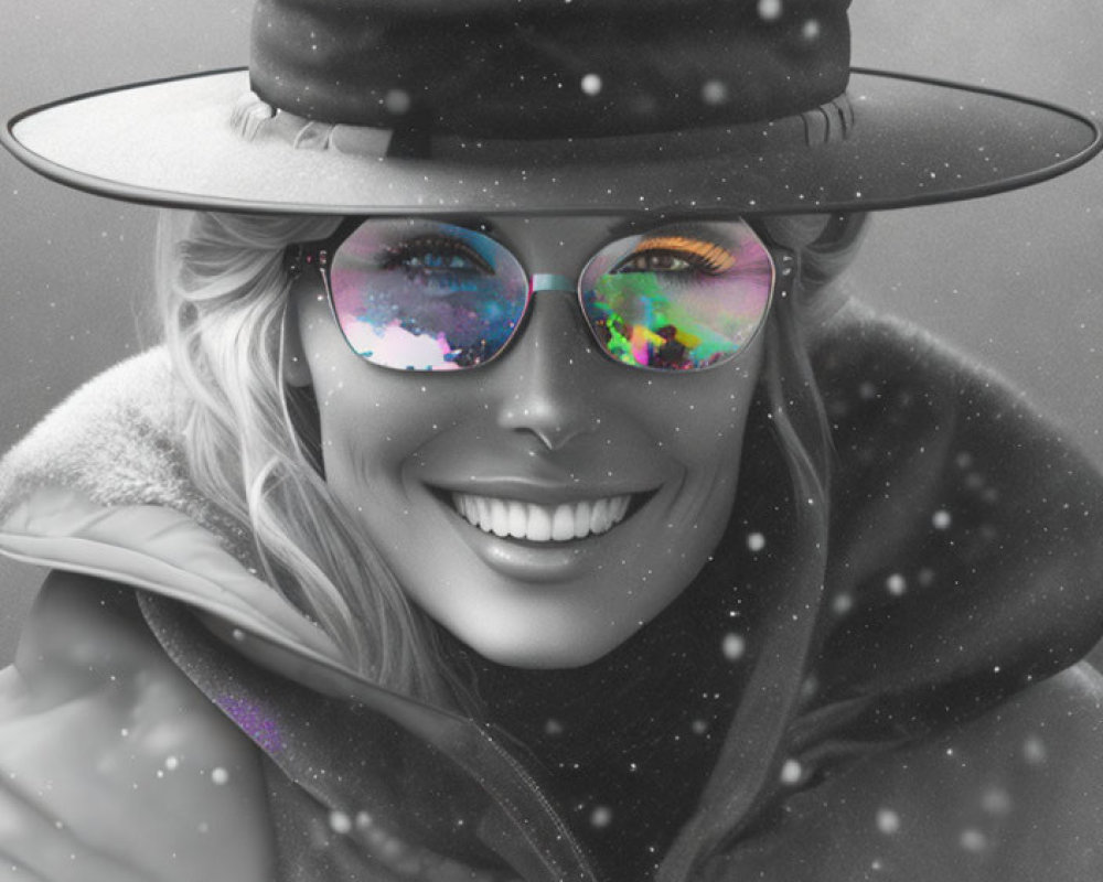 Smiling woman in wide-brimmed hat and sunglasses in snowfall