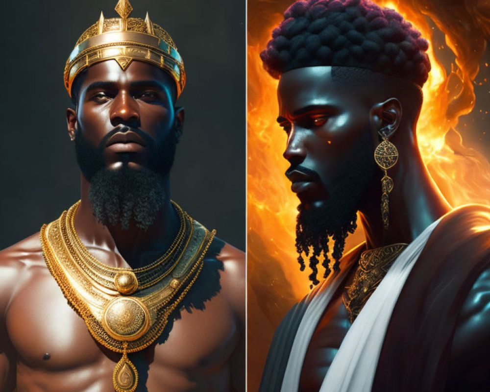 Split image: regal man with golden crown and jewelry contrasted with fiery backdrop and darker mood