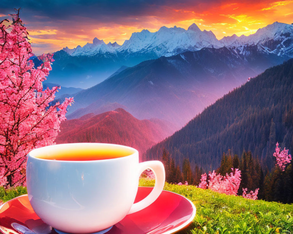 White Cup on Red Saucer with Pink Trees and Sunrise Scenery