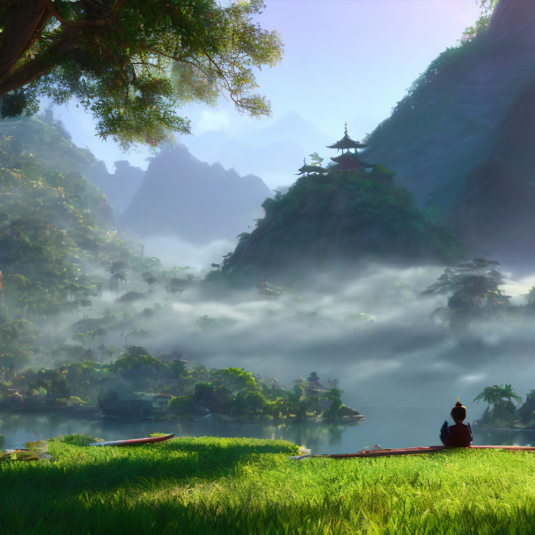 Tranquil landscape with person in boat, misty lake, pagoda, hills & mountains