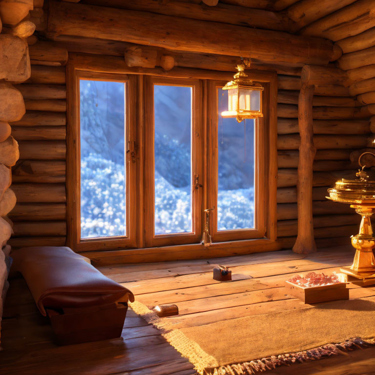 Rustic wooden cabin interior with warm lighting and snowy view at night