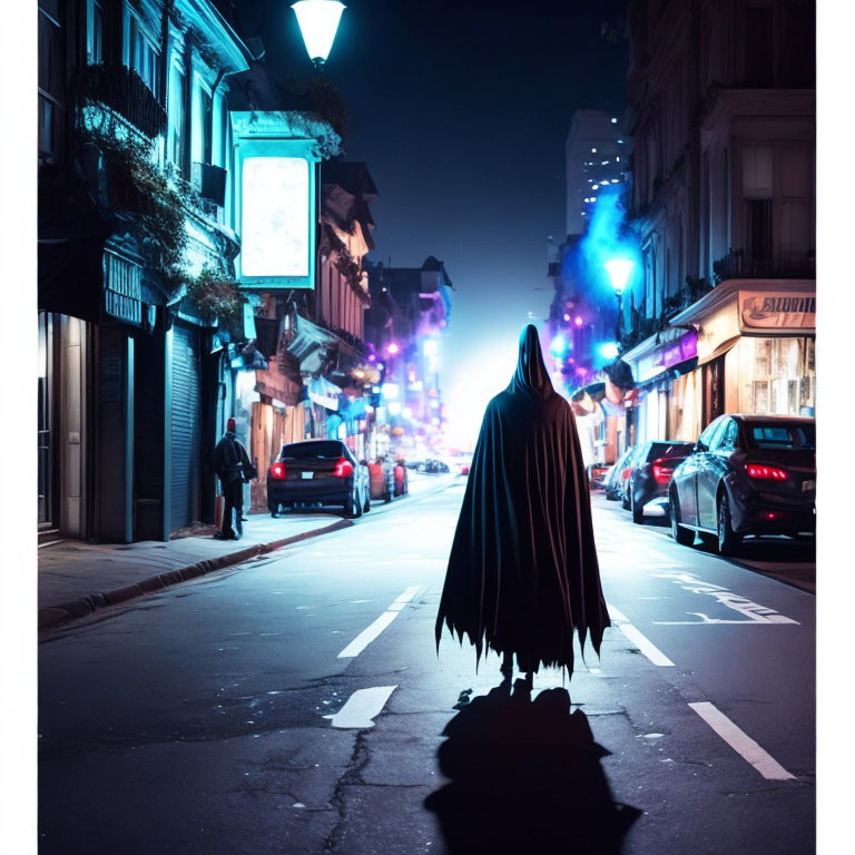 Mysterious cloaked figure in urban street at night