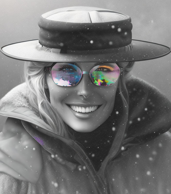 Smiling woman in wide-brimmed hat and sunglasses in snowfall