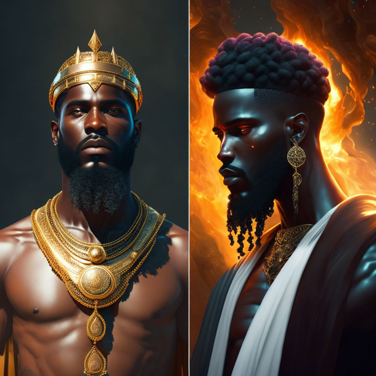 Split image: regal man with golden crown and jewelry contrasted with fiery backdrop and darker mood