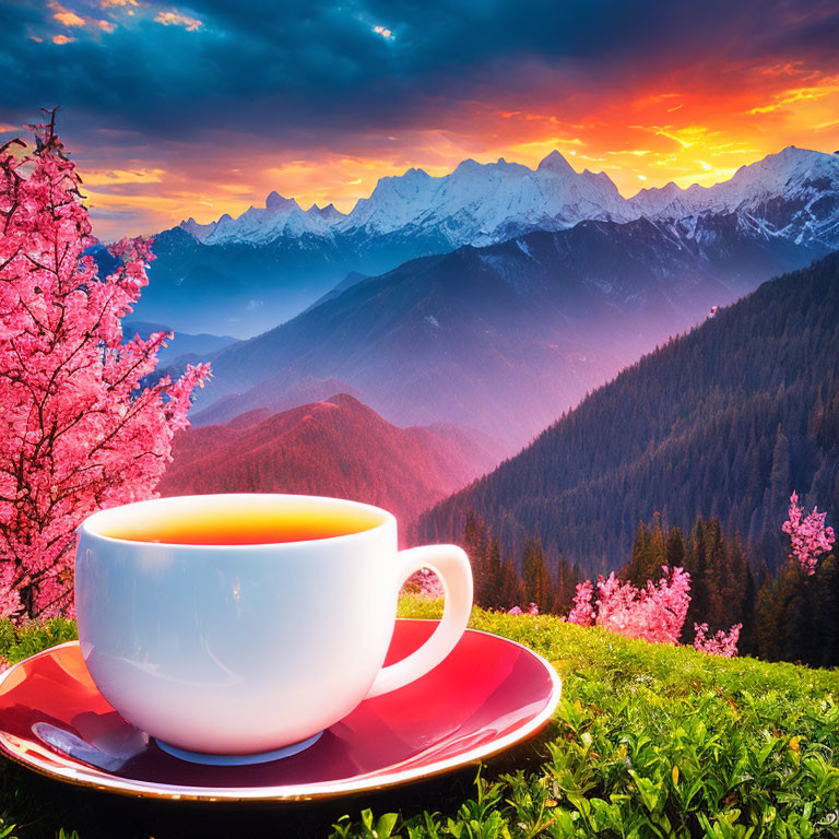 White Cup on Red Saucer with Pink Trees and Sunrise Scenery