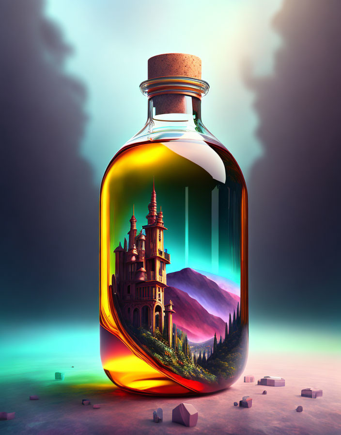 Colorful Fantasy Illustration: Castle in Bottle with Crystals