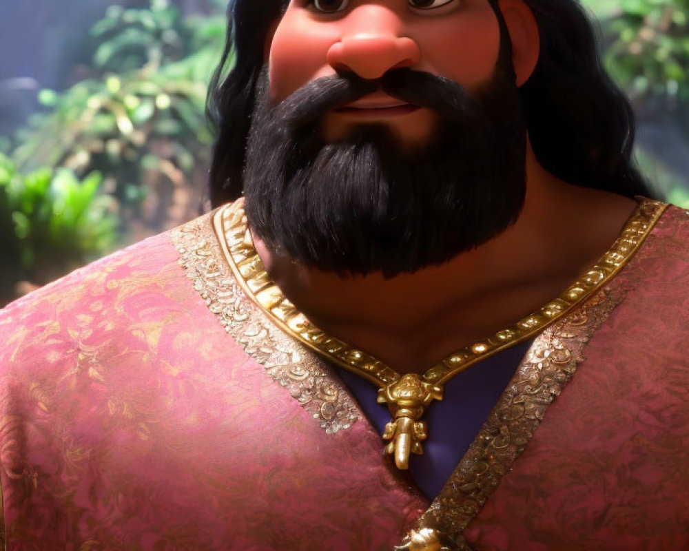 3D animated character with thick beard in pink tunic in forest