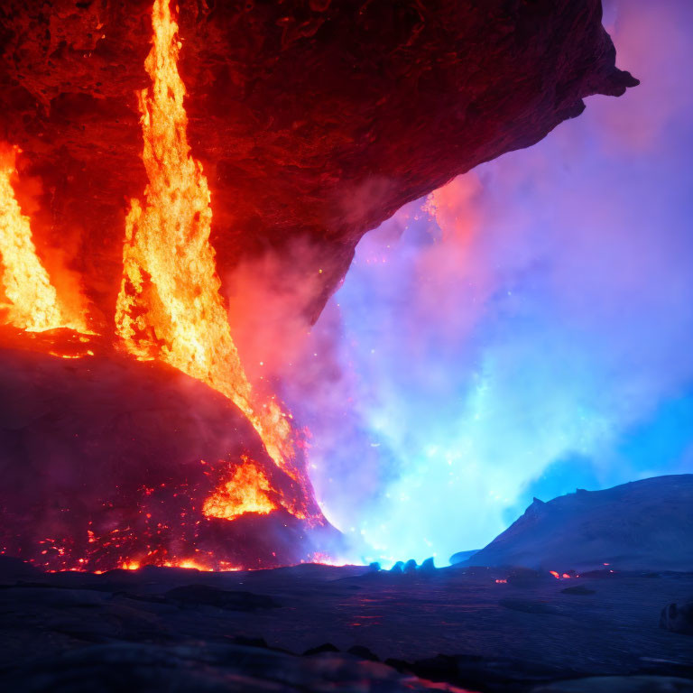 Colorful lava flow in volcanic cave with blue and orange hues