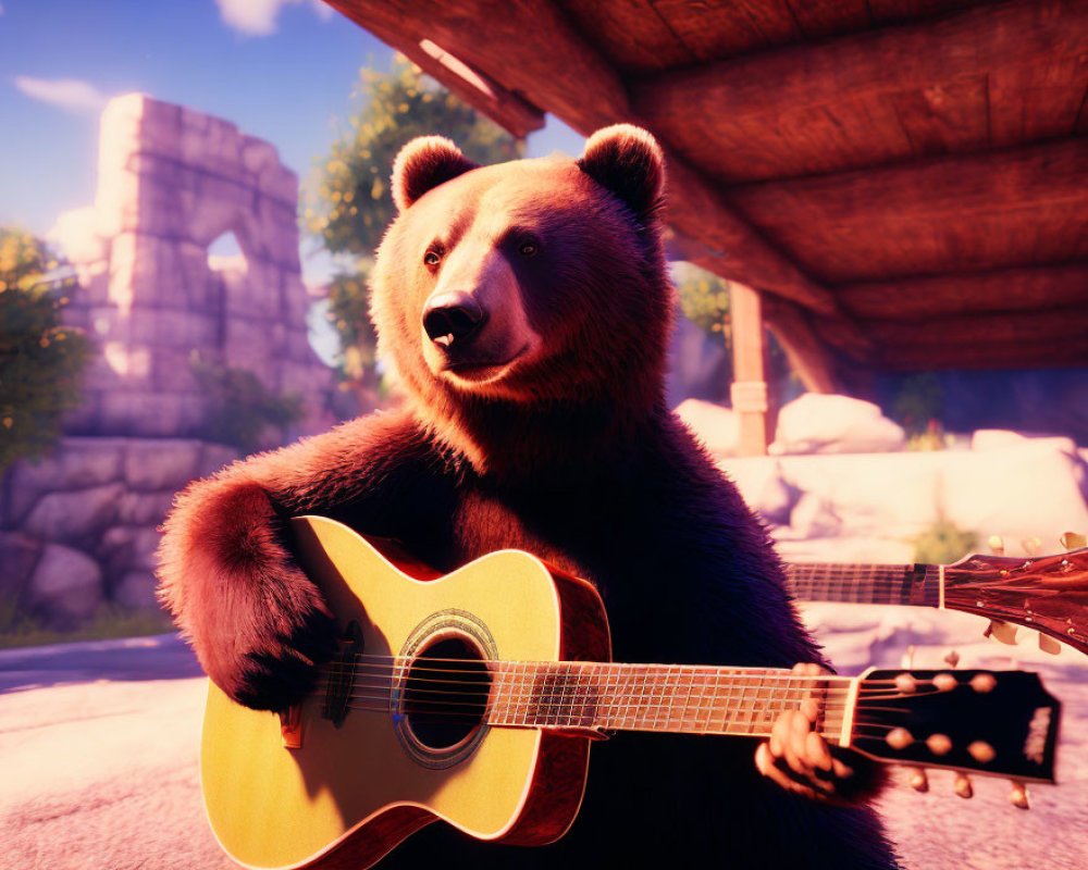 Anthropomorphic bear playing guitar under wooden shelter in sunny backdrop