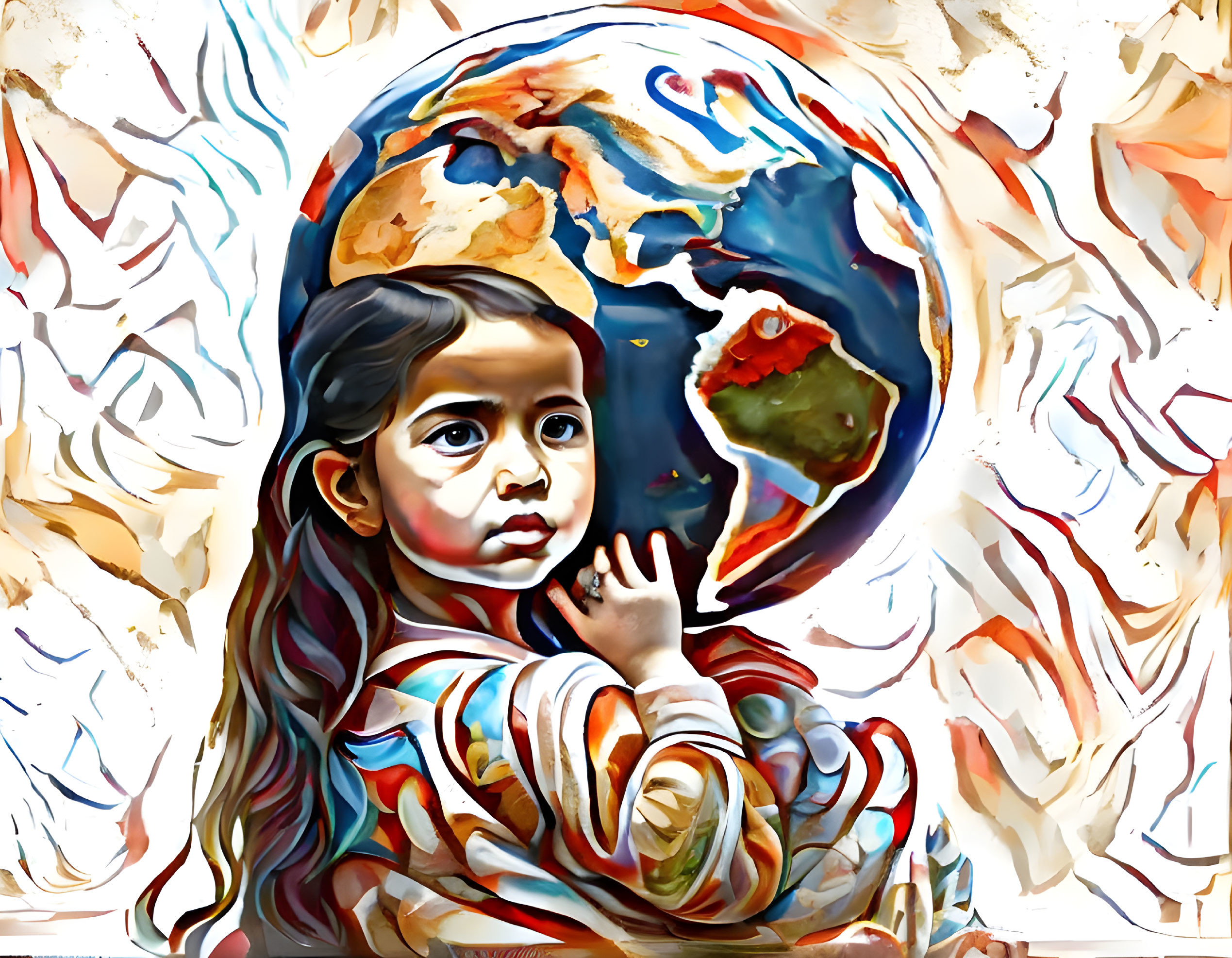 Colorful digital artwork: Young girl with long hair and Earth backdrop