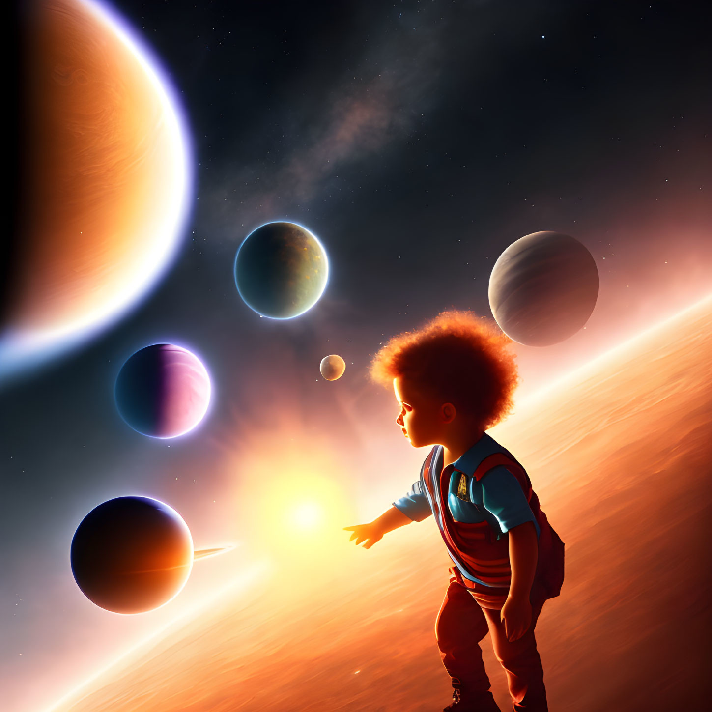 Child admires fantastical space scene with colorful planets and glowing sun