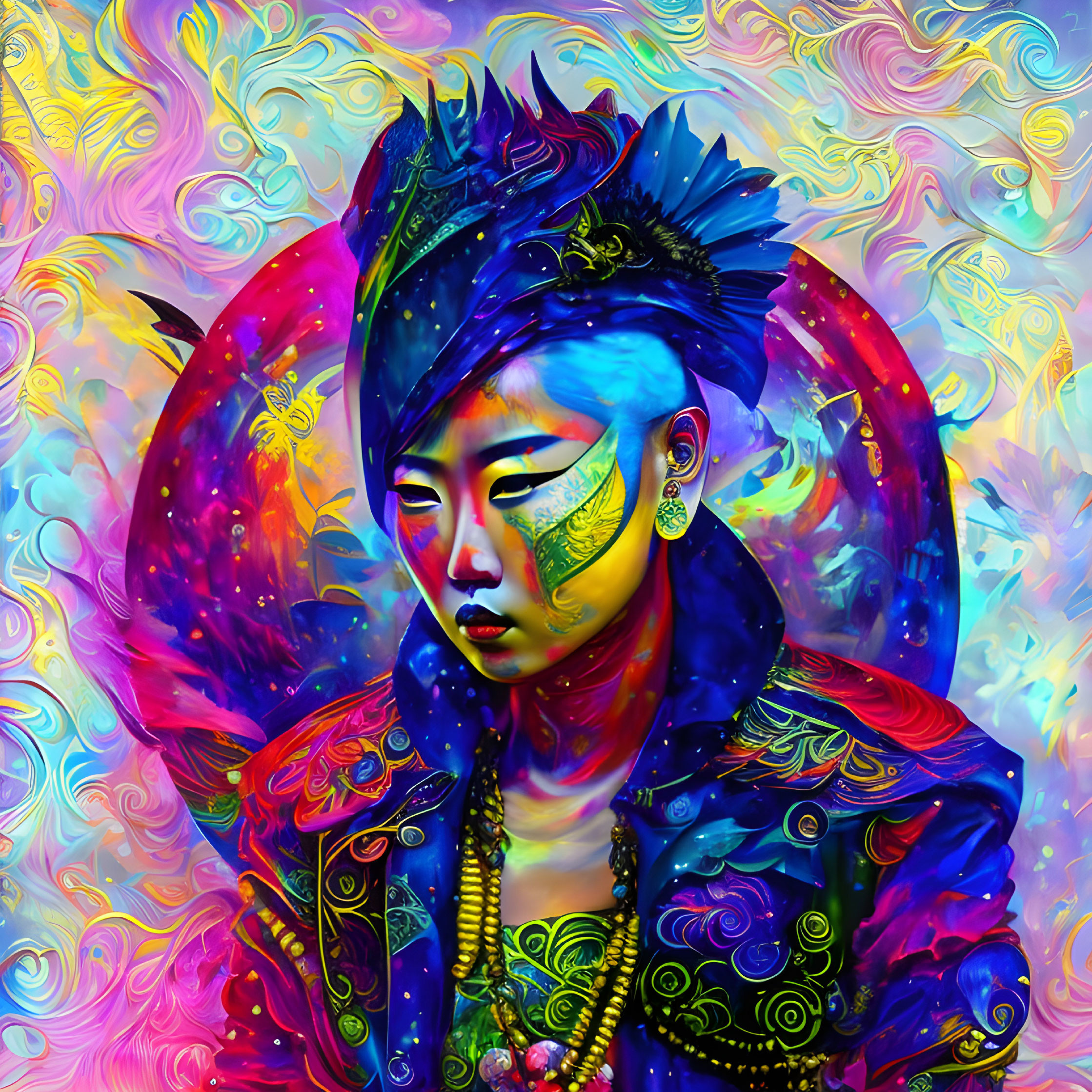 Colorful digital artwork: Blue-skinned person with punk hair and butterfly wings on psychedelic backdrop