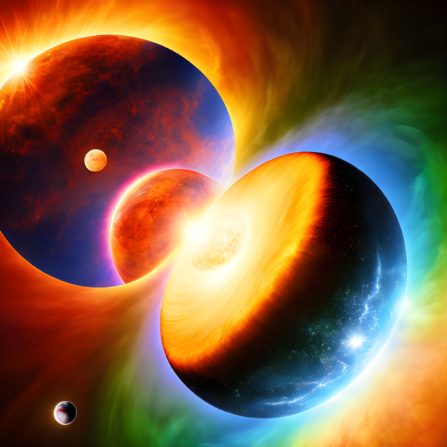 Colorful Cosmic Scene: Large Planets, Bright Star, Cosmic Energy