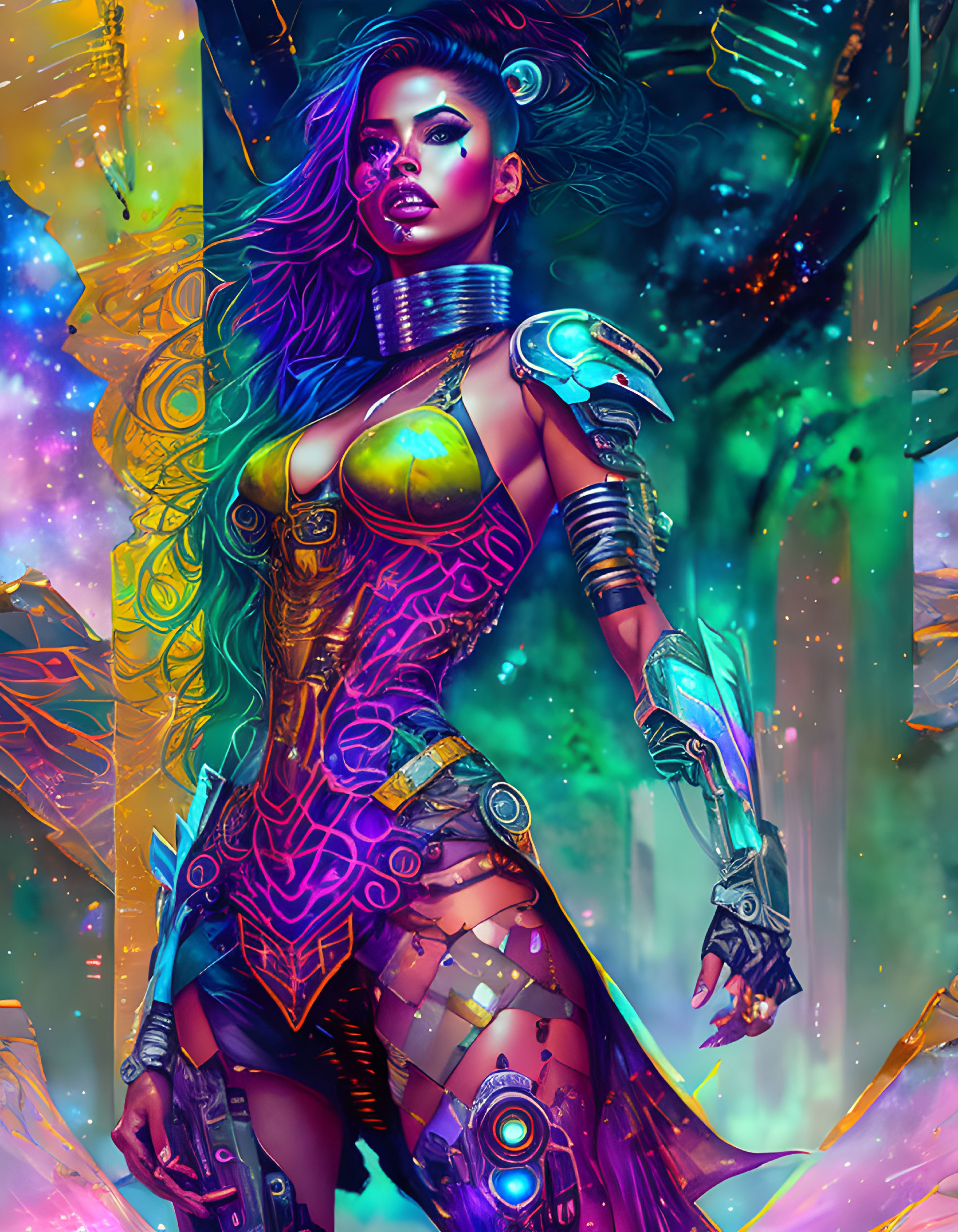 Futuristic cyberpunk female character in vibrant cosmic setting