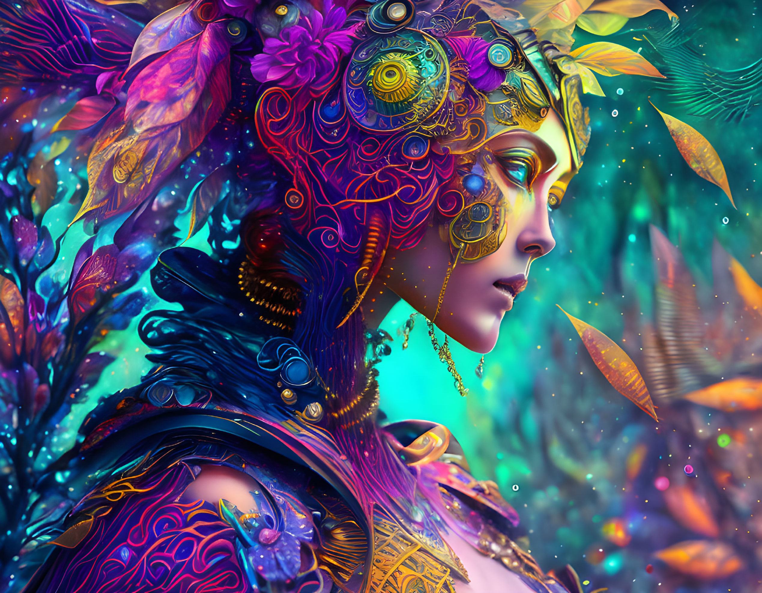 Colorful digital art: Woman with mechanical & organic elements in bold blues, purples, &