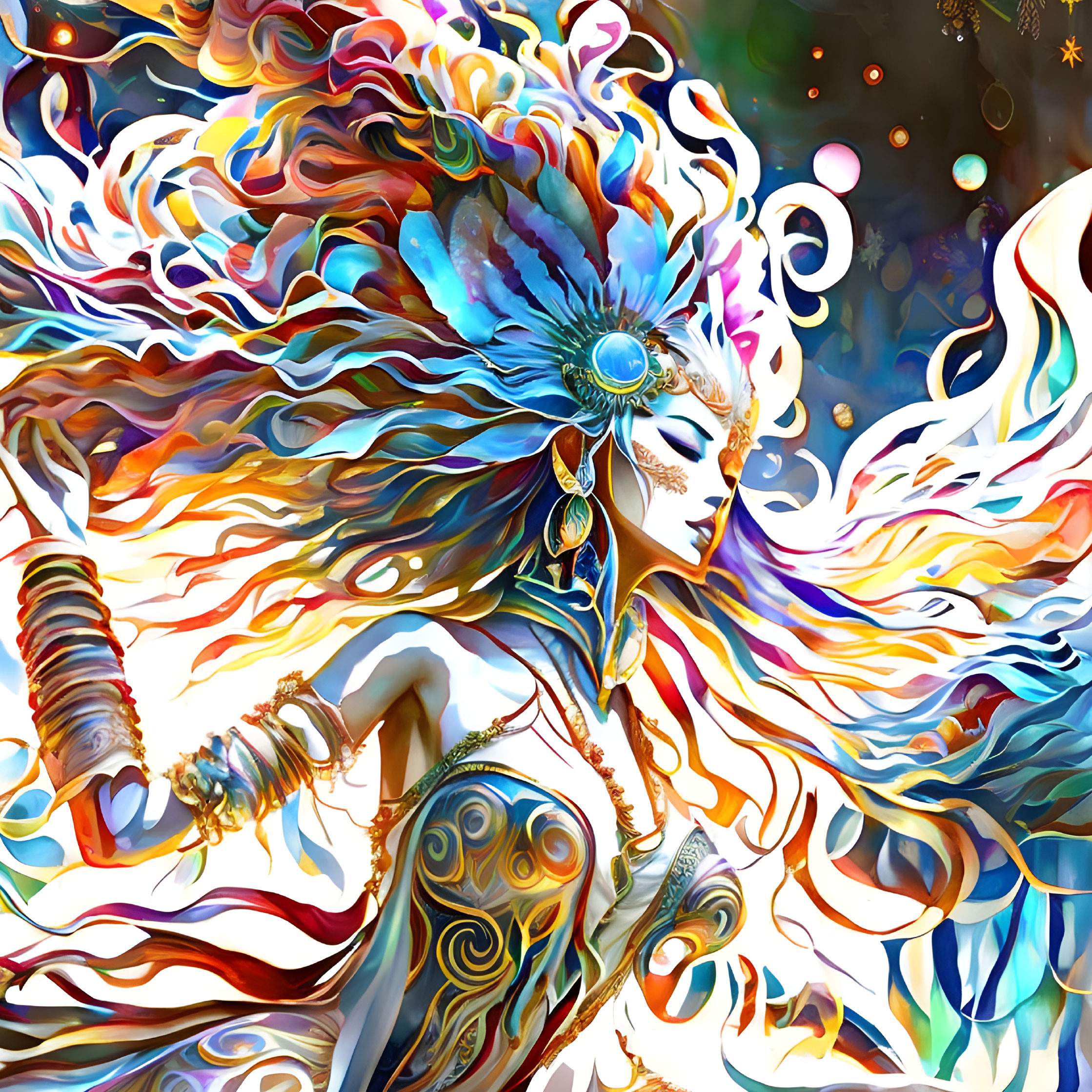 Colorful illustration of fantastical female figure with elaborate hair and headdress against psychedelic backdrop