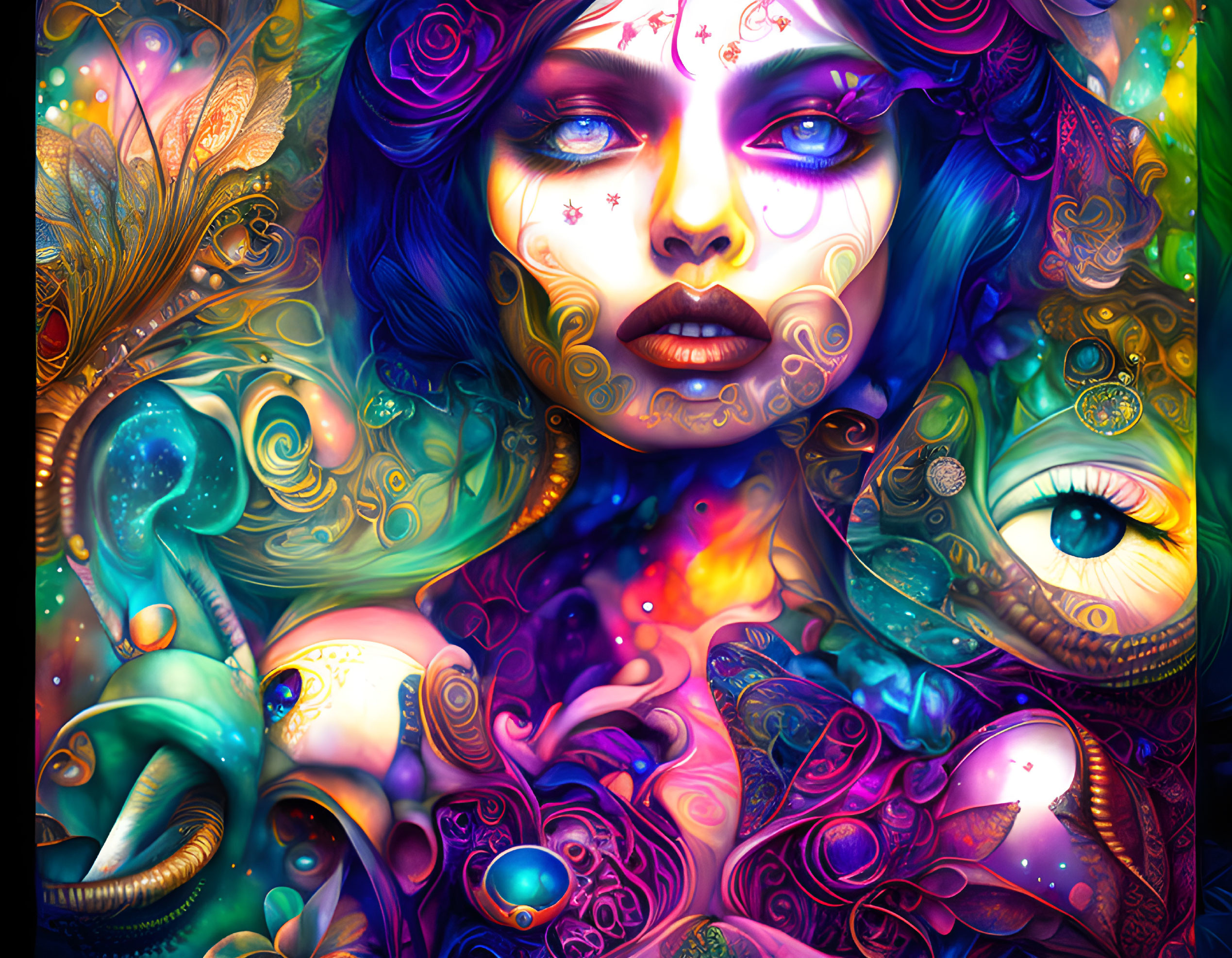 Colorful surreal digital art: mystical woman's face amidst abstract patterns & fantastical creatures