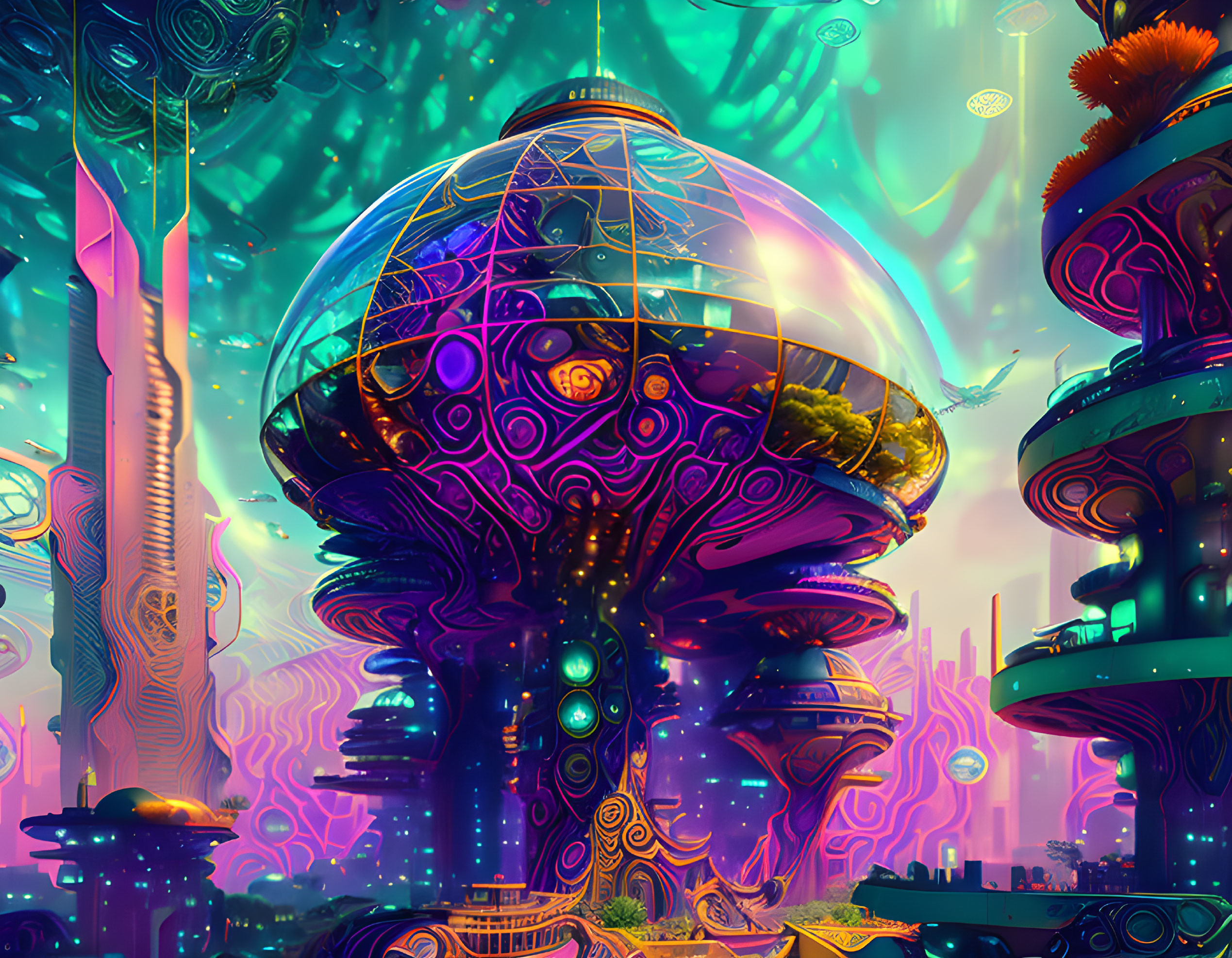 Psychedelic sci-fi landscape with mushroom-like structures and neon sky