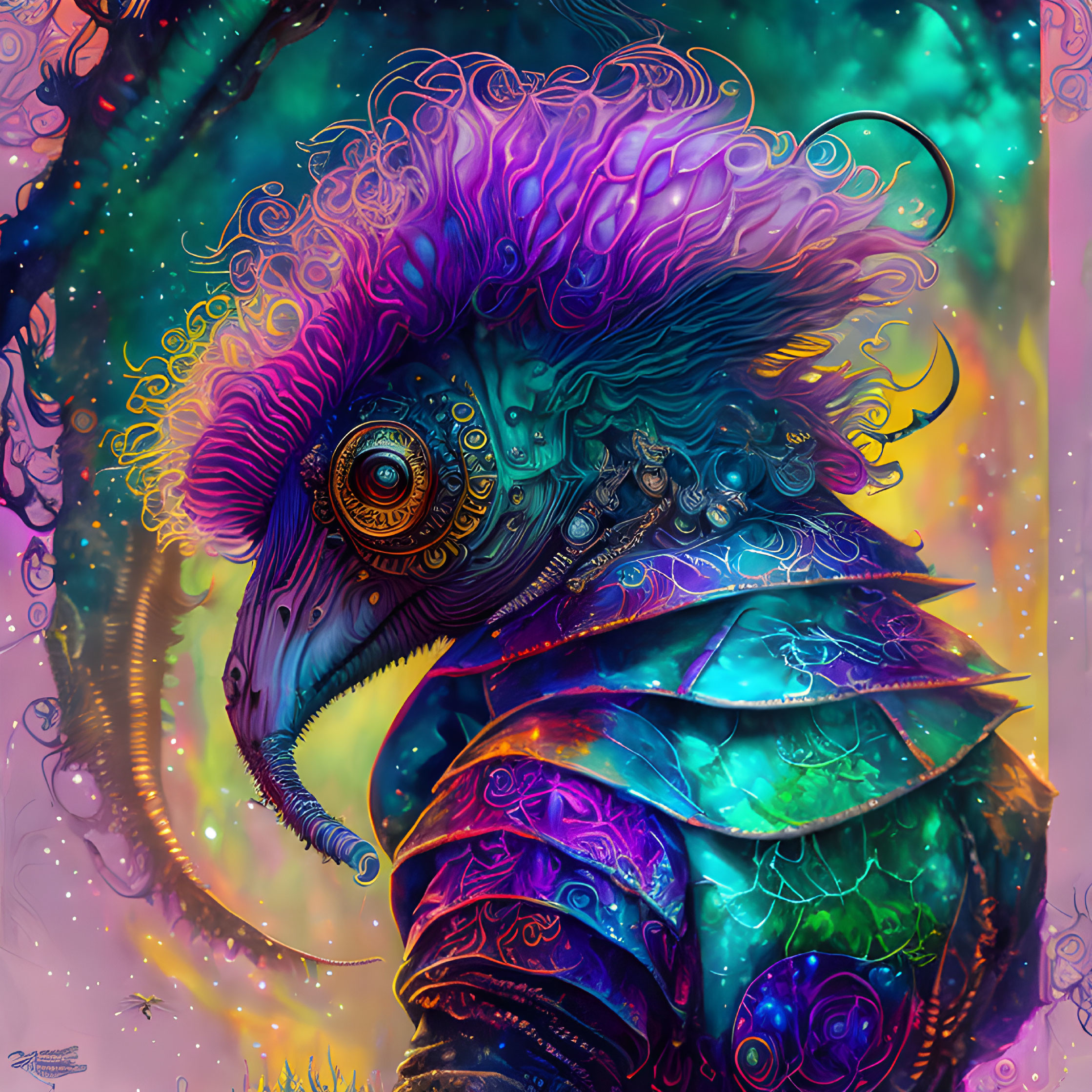 Colorful illustration of fantastical creature with frilled head and iridescent body against neon backdrop