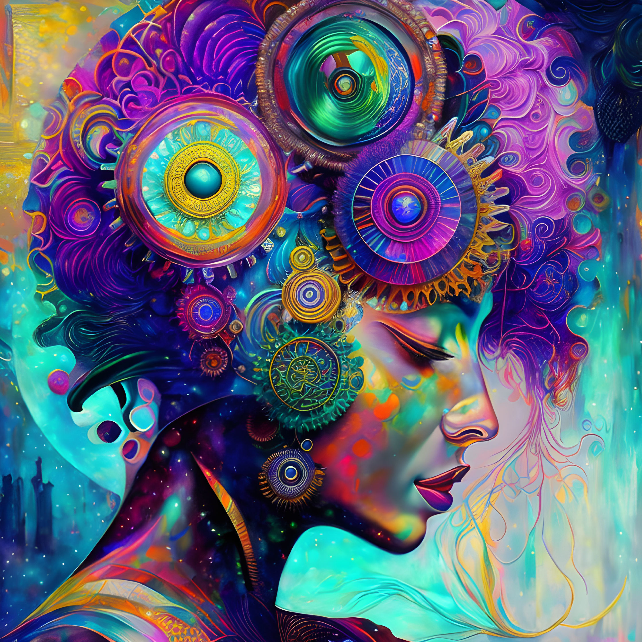 Colorful artwork of a woman with gears in her hair and psychedelic patterns