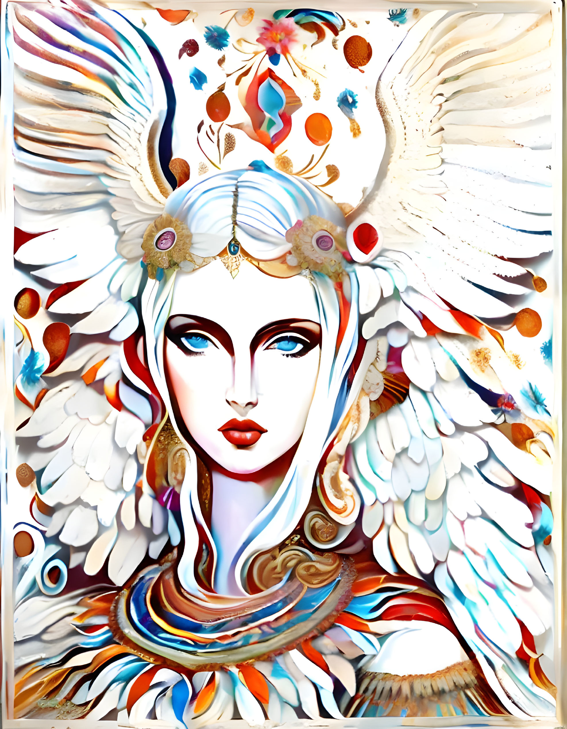 Colorful Illustration of Mythical Woman with White Wings and Blue Eyes