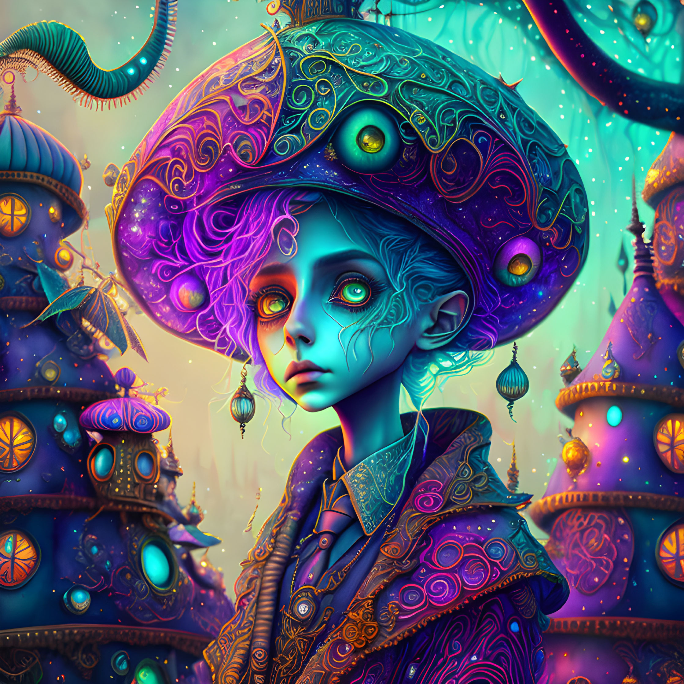 Colorful illustration of person with expressive eyes and ornate clothing in fantastical setting