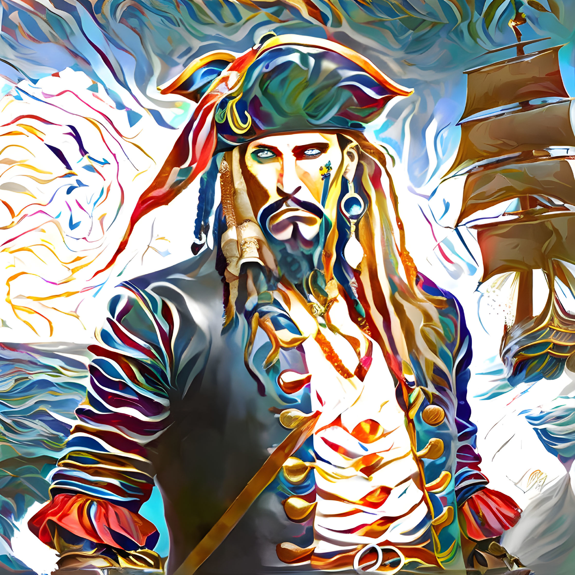 Abstract Pirate Artwork with Colorful Swirls and Ship Background