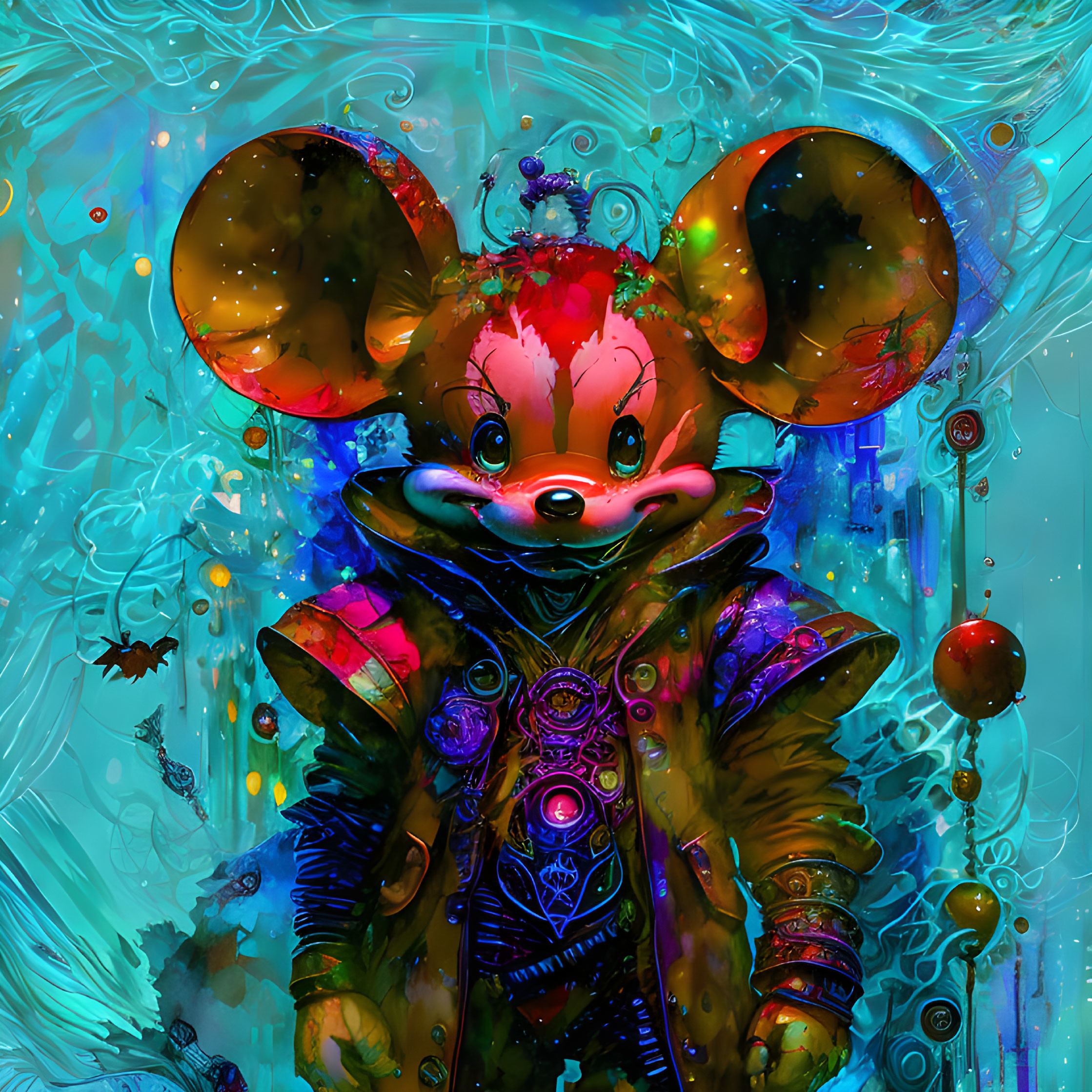 Vibrant futuristic mouse character in intricate jacket on colorful abstract background