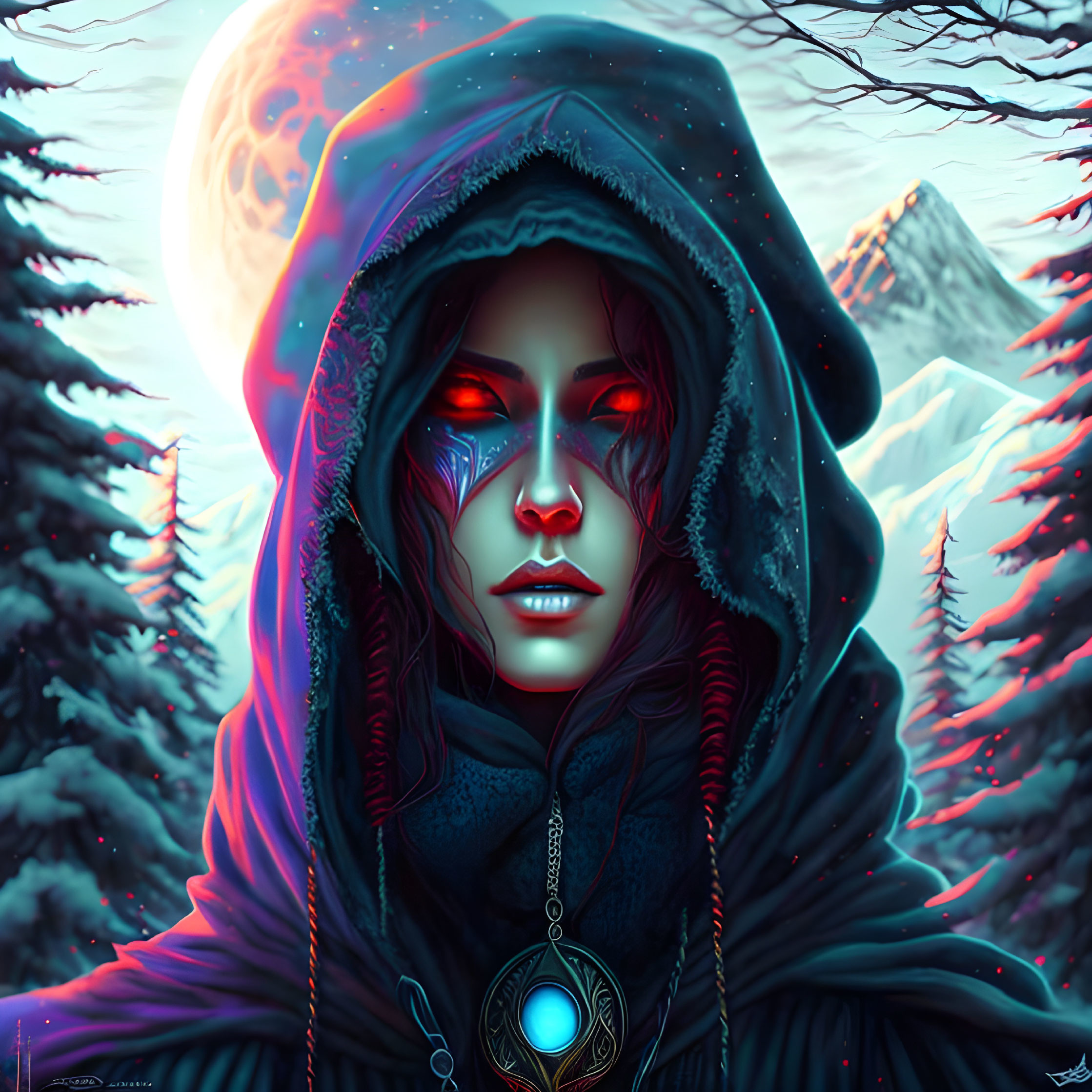 Mystical figure with red eyes in hooded cloak against moonlit mountains