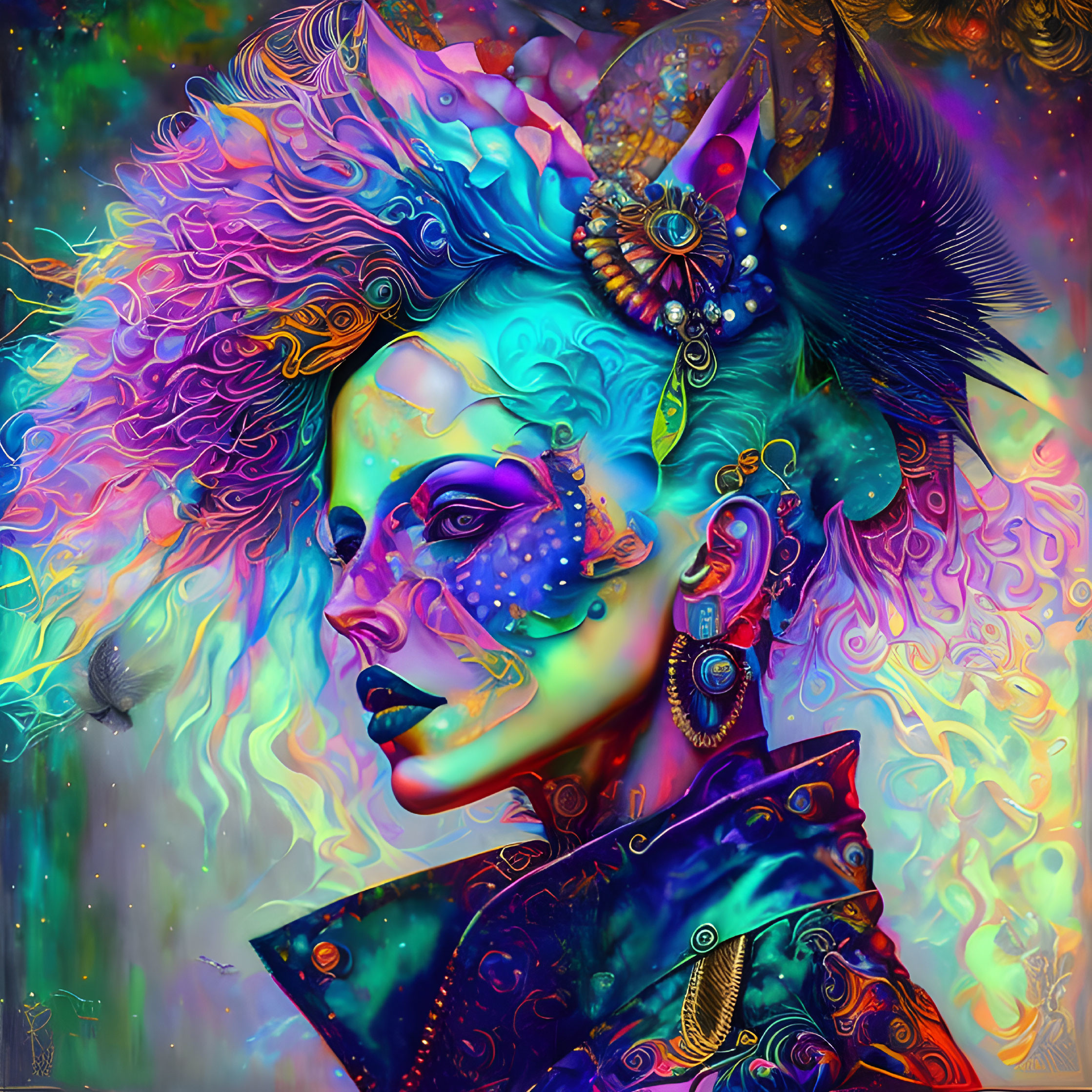 Colorful digital artwork of stylized female figure with blue skin and intricate jewelry