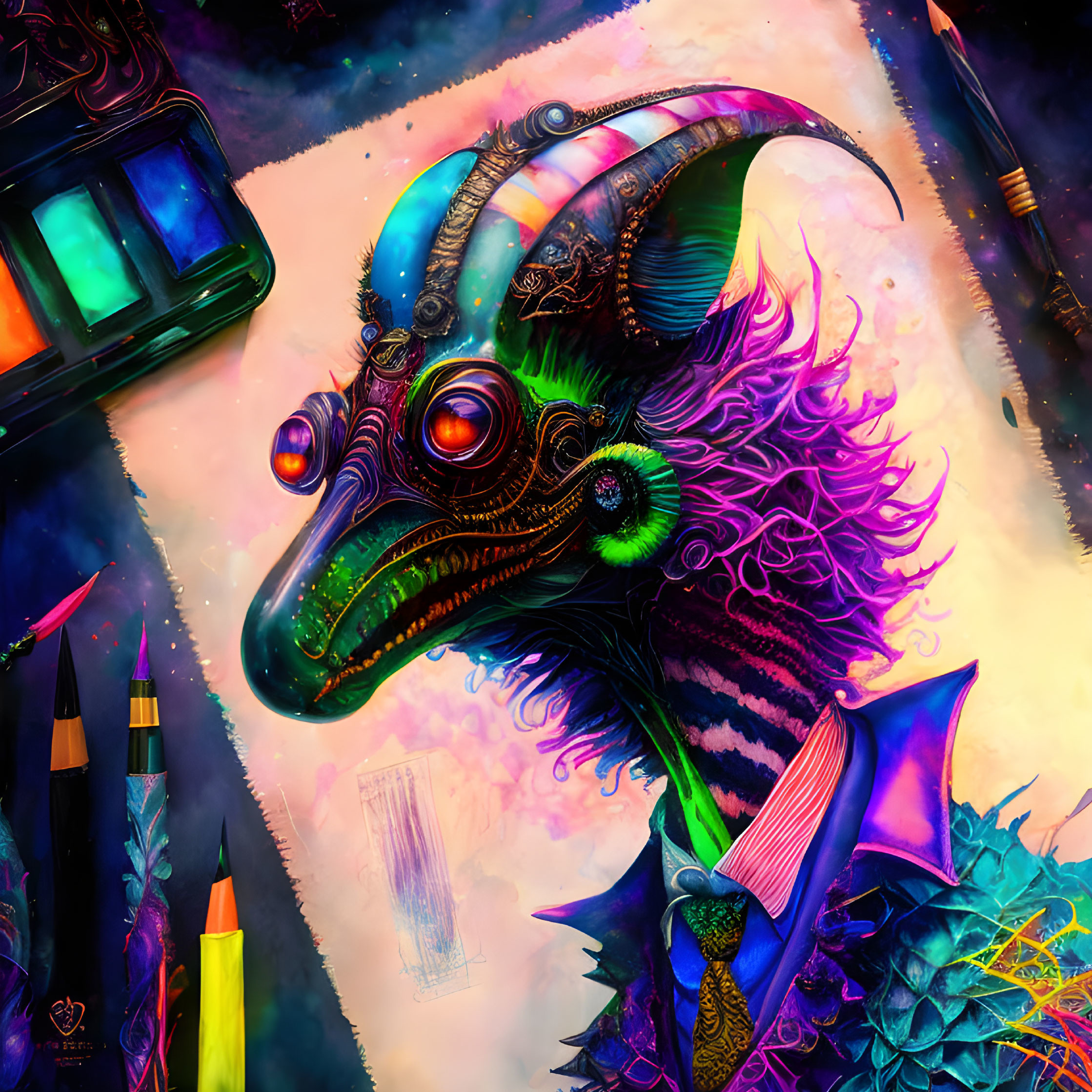 Colorful surreal chameleon with top hat and monocle amidst neon foliage