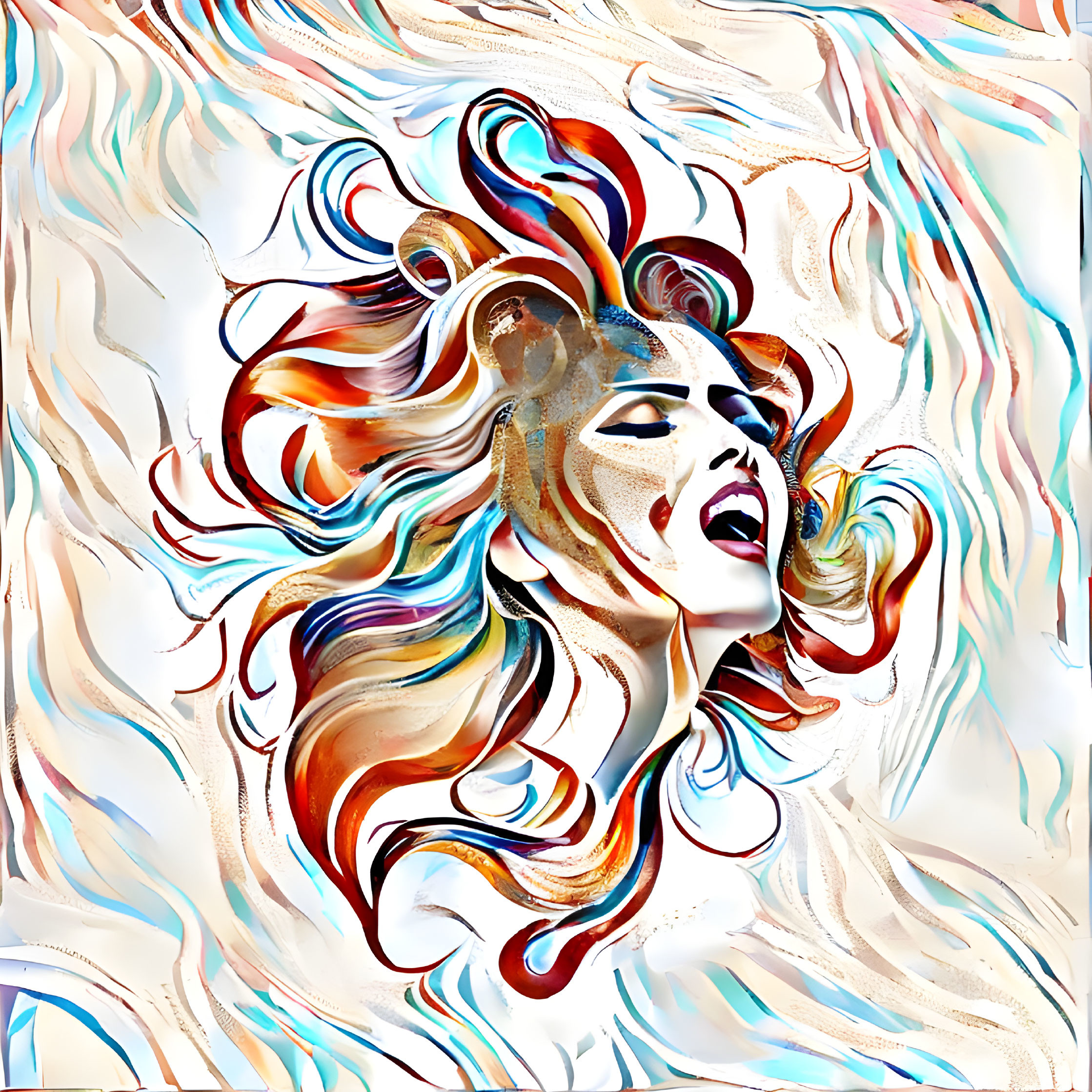 Colorful Abstract Art: Woman's Face with Flowing Hair in Vibrant Colors