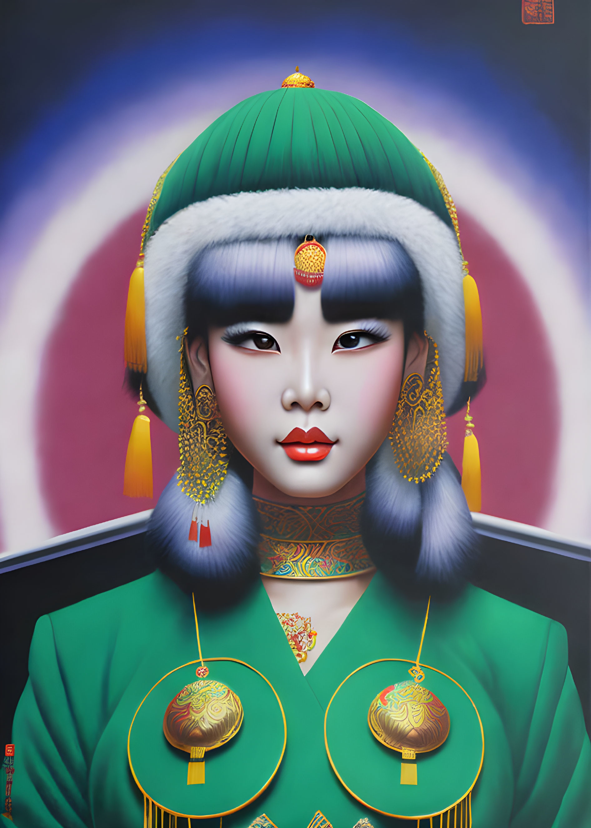 Traditional East Asian Woman Portrait with Elaborate Attire and Colorful Background