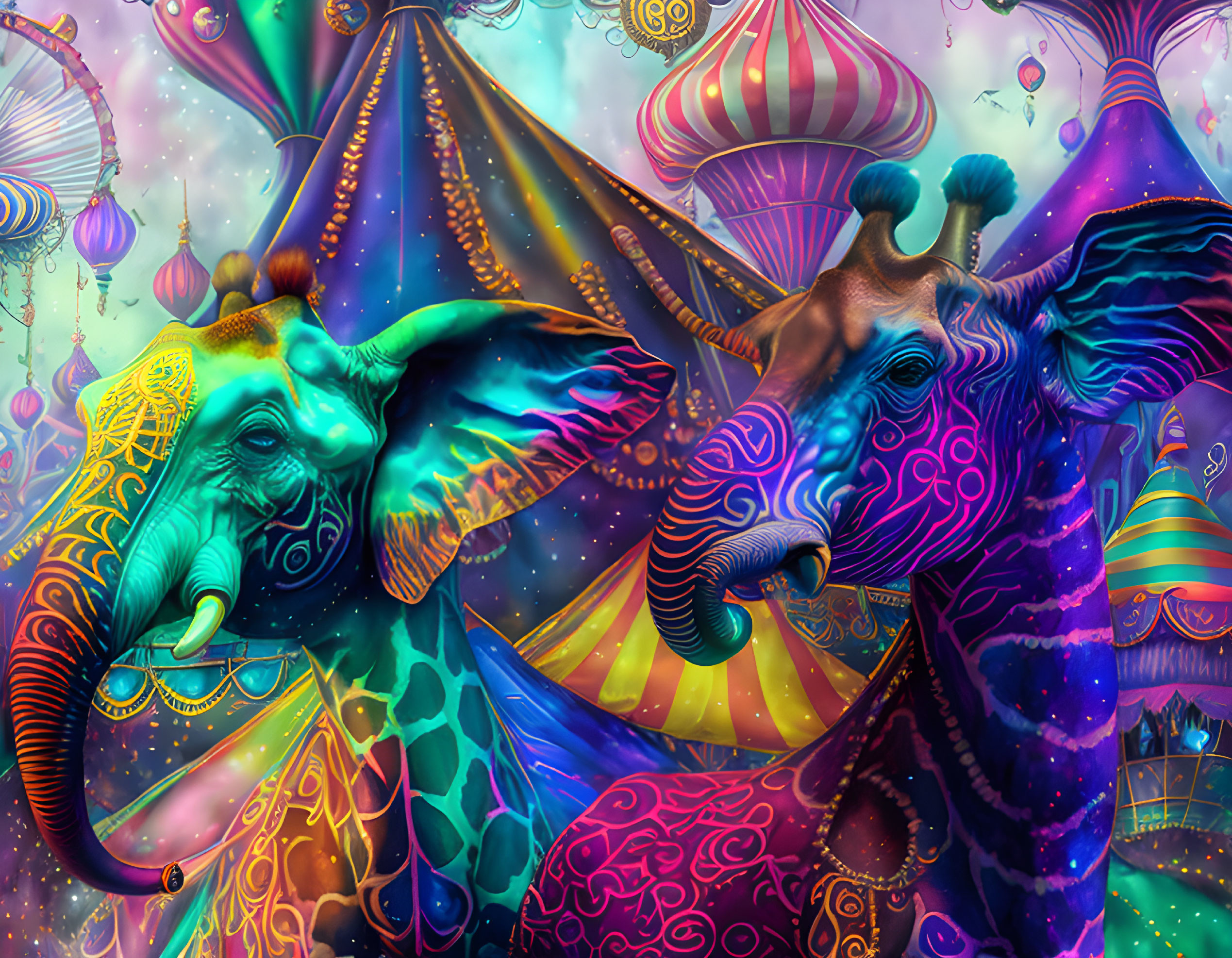 Colorful Elephants with Circus Tents and Balloons on Psychedelic Background