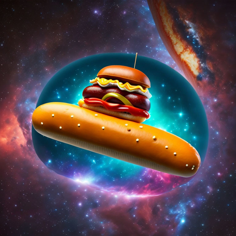 Surreal hotdog with floating ingredients in outer space