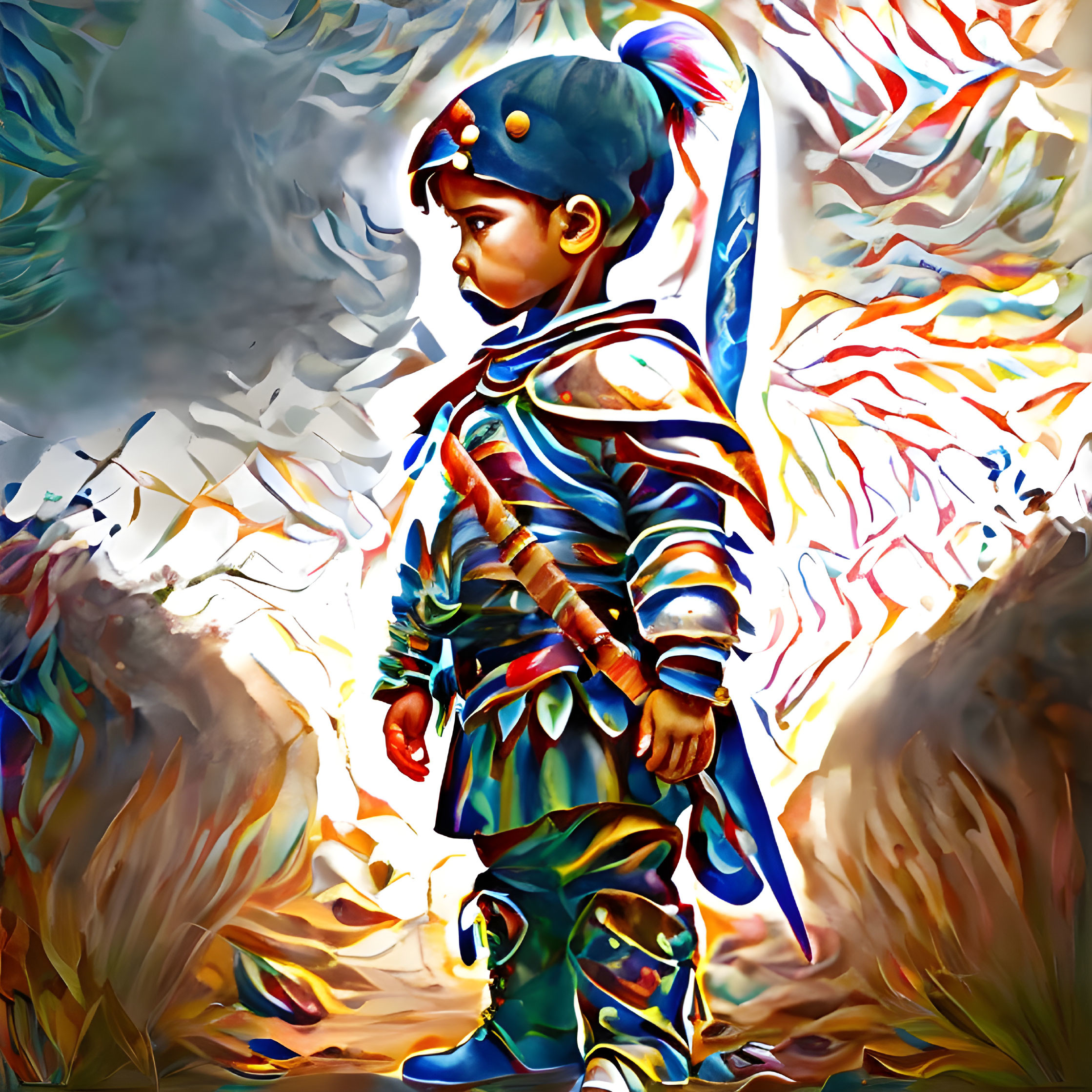 Child in Colorful Knight Costume on Vibrant Abstract Background