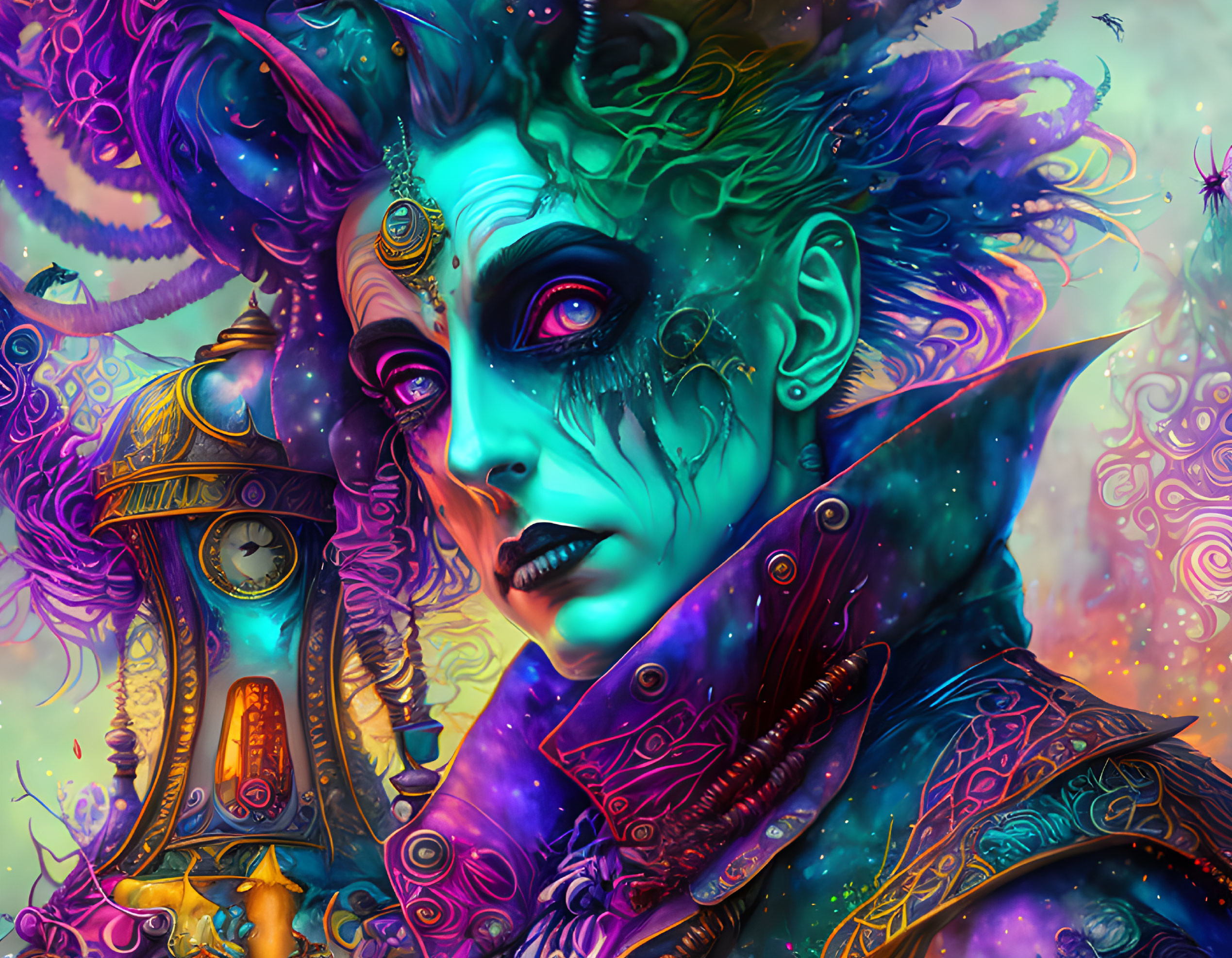 Fantasy character with multicolored skin and clock lantern on psychedelic background