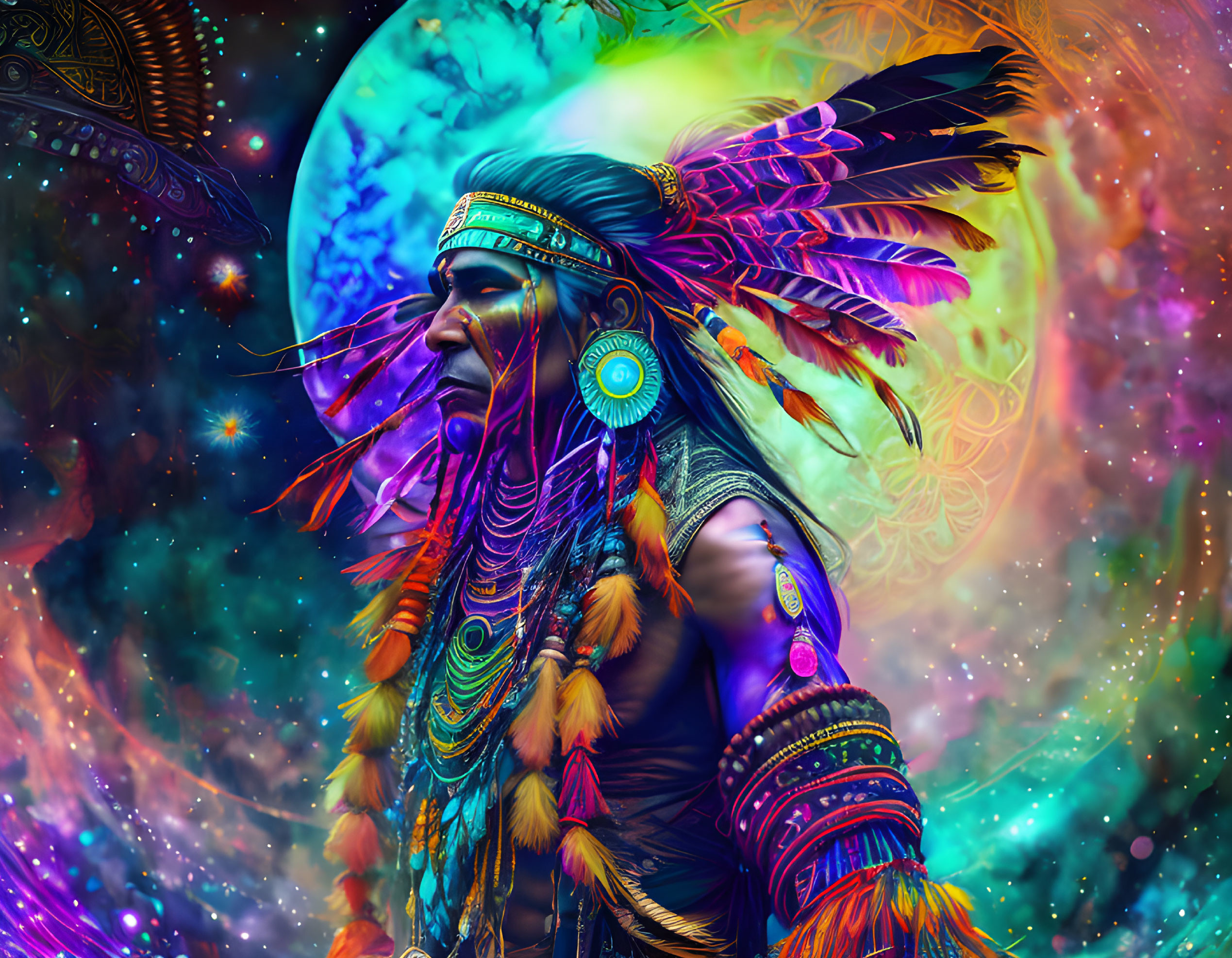 Native American with feather headdress against cosmic background