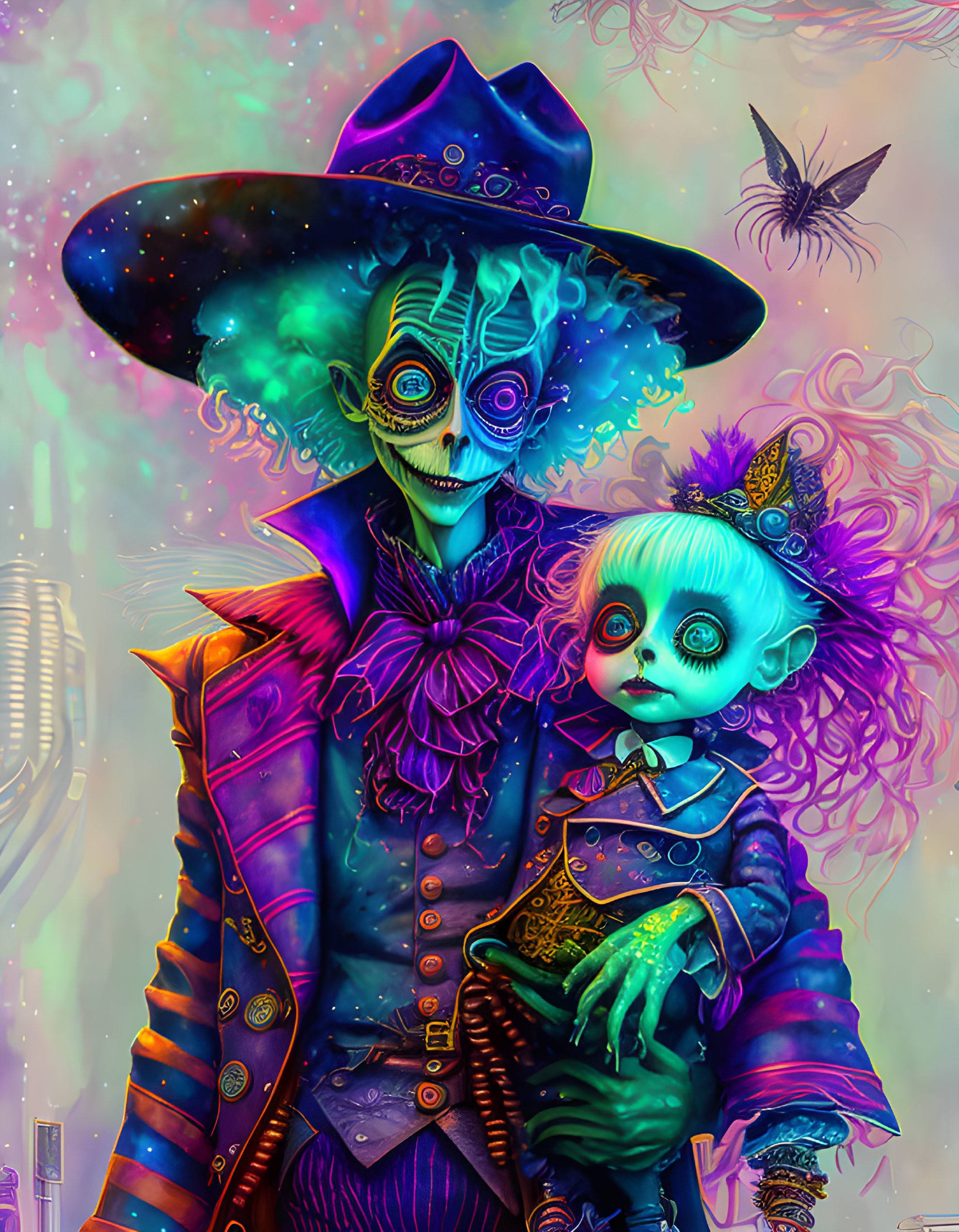 Colorful skeletal figure with cosmic hat holding smaller character in intricate outfits.