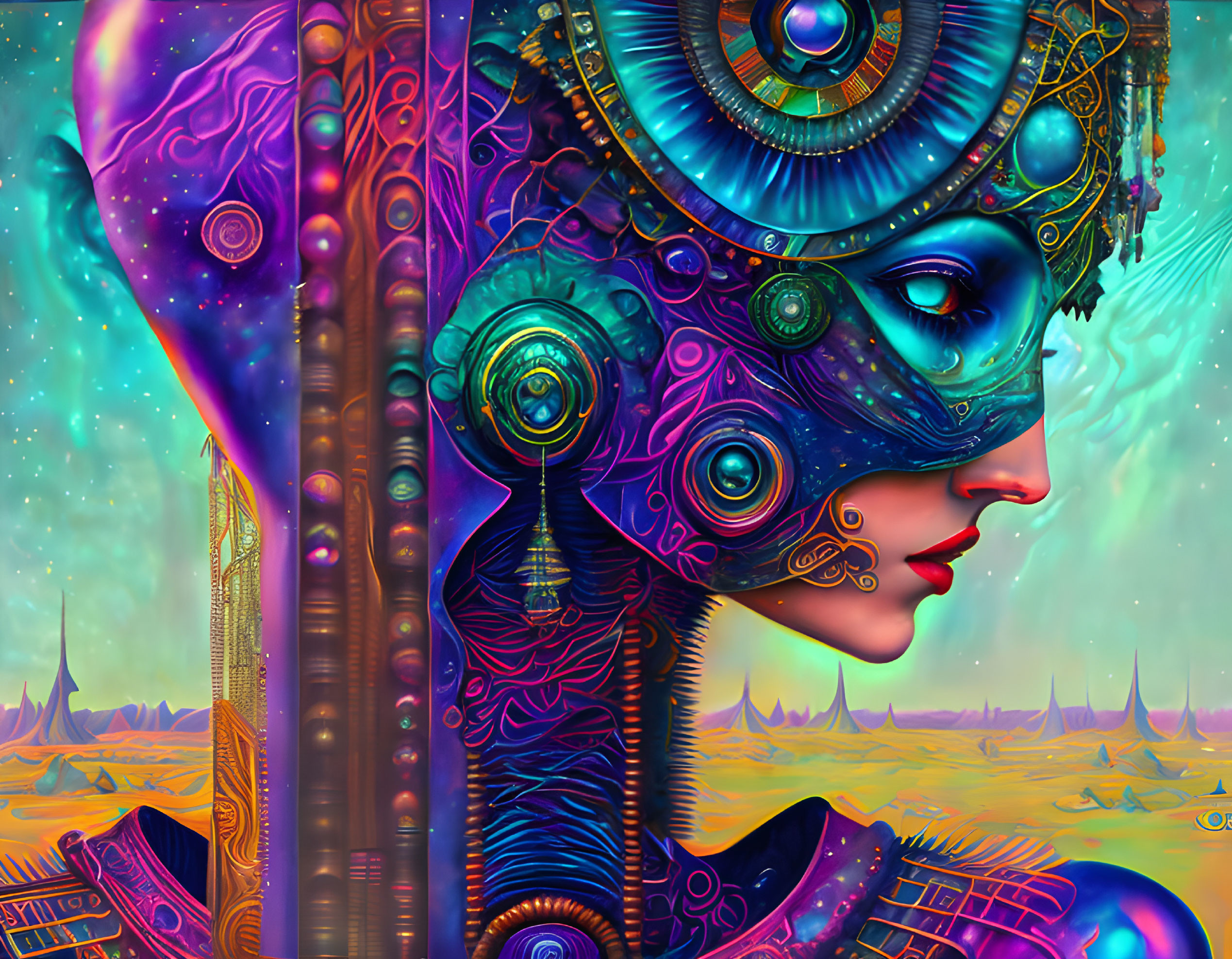 Colorful Psychedelic Robotic Humanoid in Alien Landscape