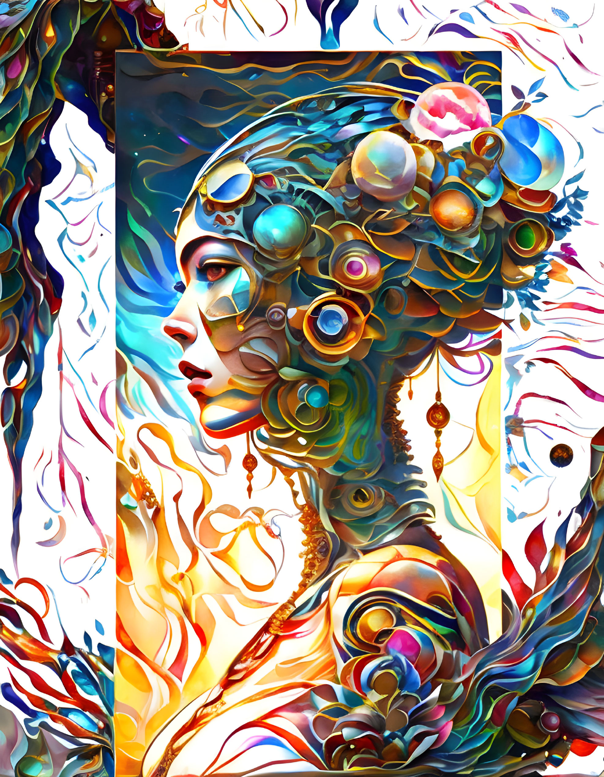 Colorful surreal artwork: Woman's profile with ornate details, abstract elements, cosmic motifs