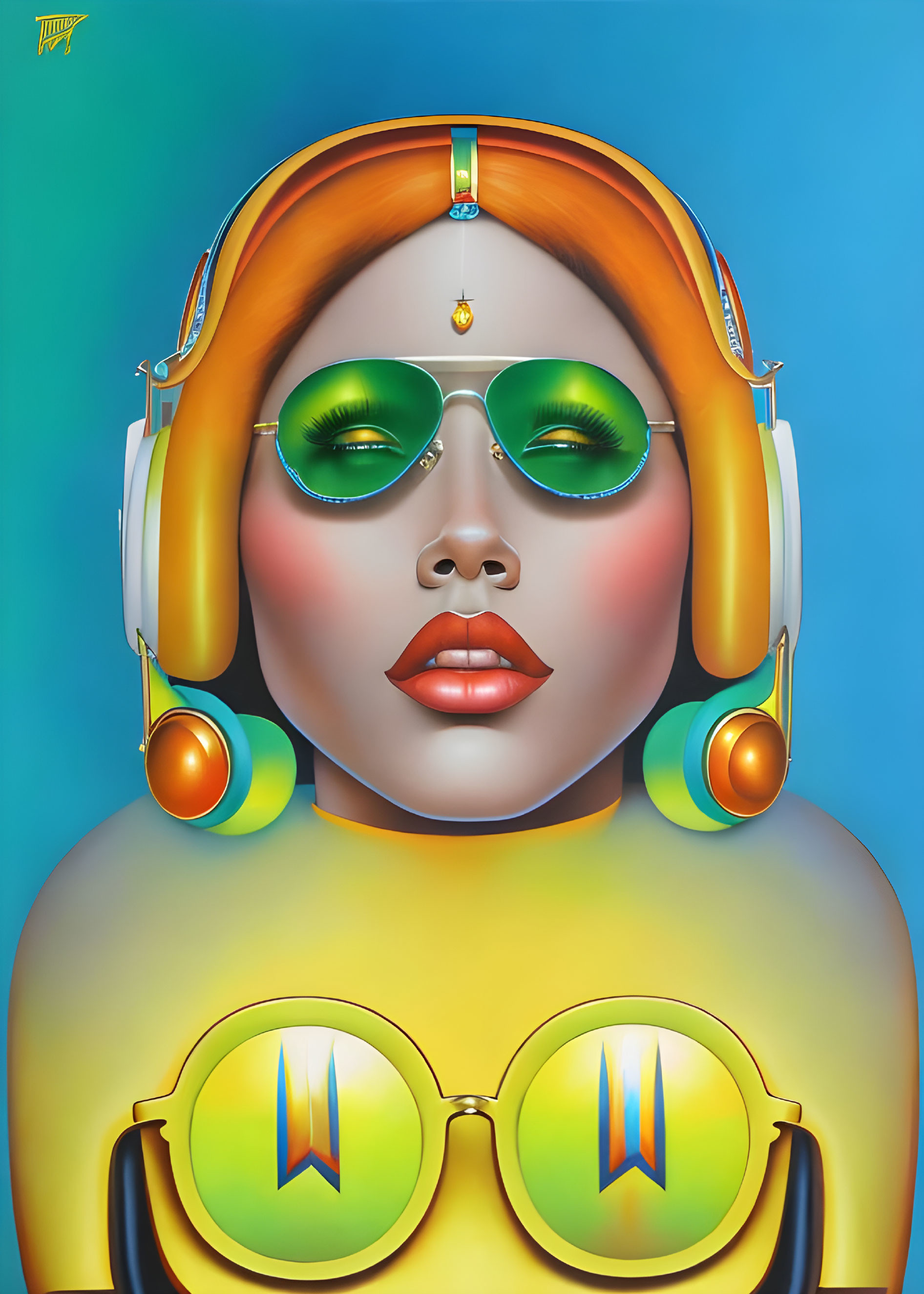 Stylized portrait of woman with green eyeshadow, yellow headphones, and sunglasses on blue background