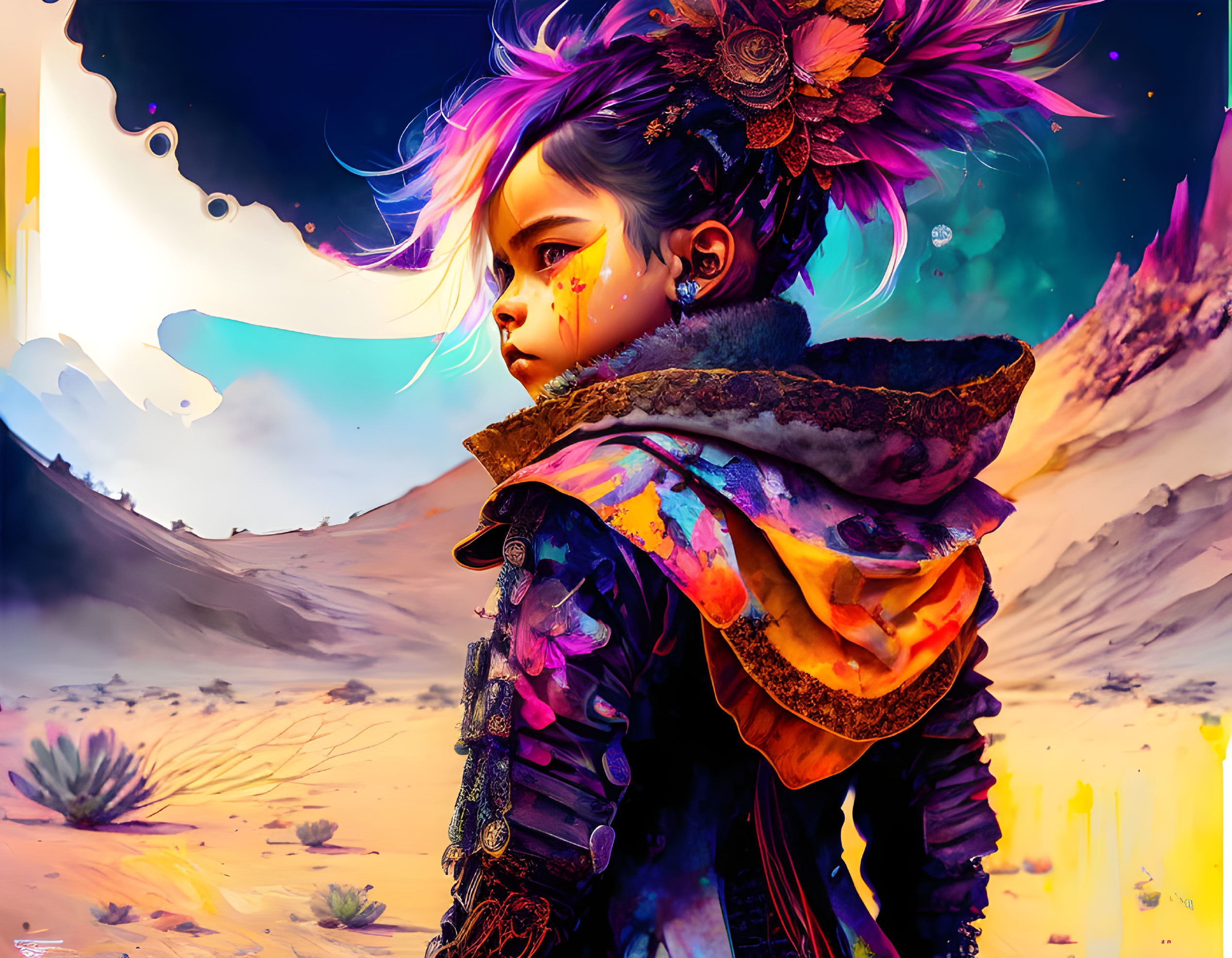 Colorful digital artwork: Child with purple hair in ornate attire against futuristic desert backdrop