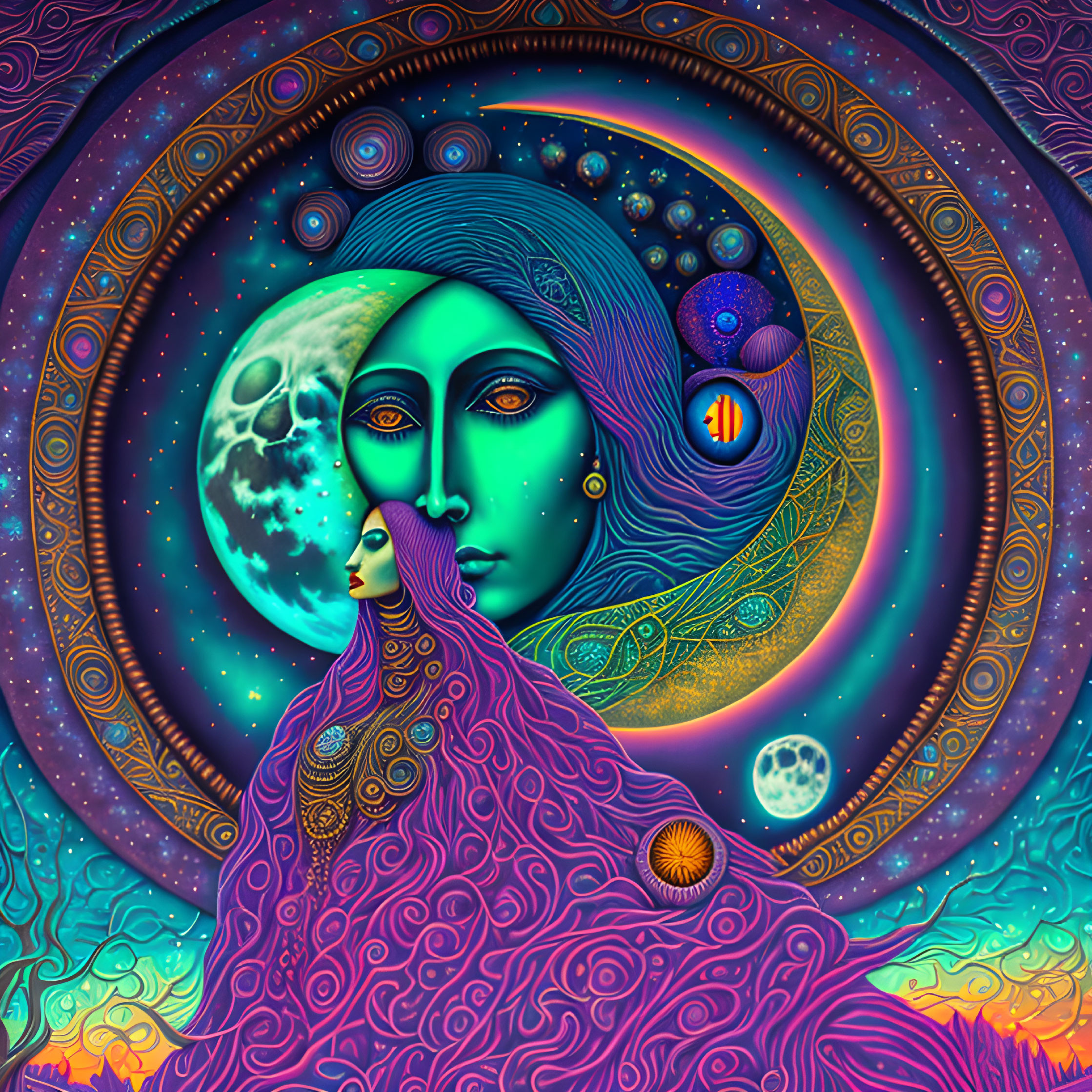 Colorful Psychedelic Art: Woman's Face with Crescent Moon