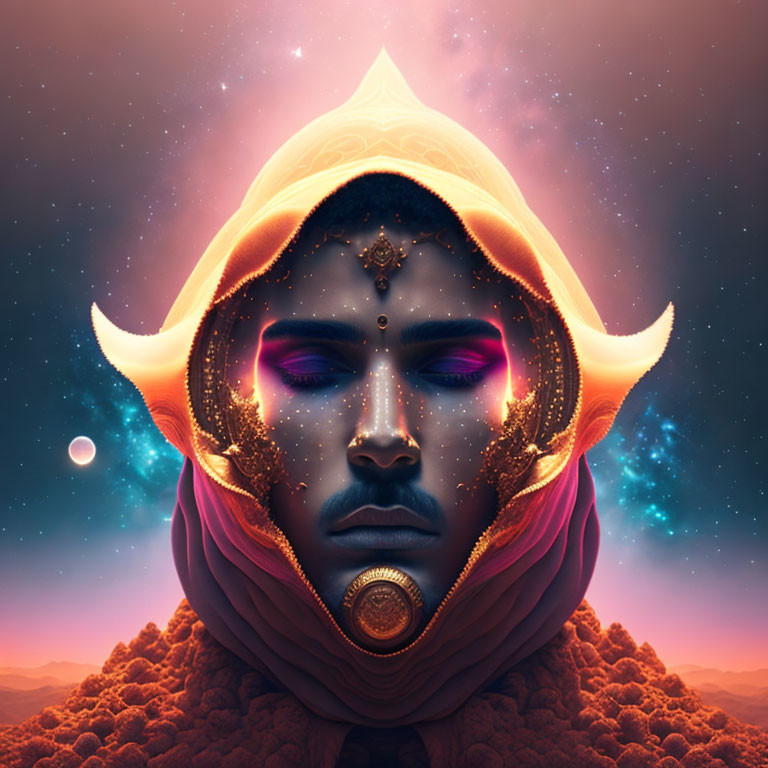 Vibrant surreal portrait merging human face with cosmic elements