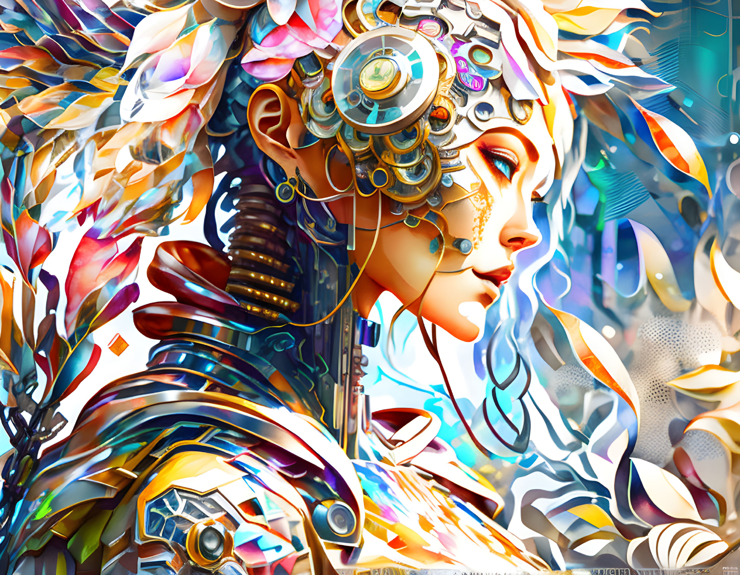 Colorful digital artwork: Female figure with mechanical and floral elements.