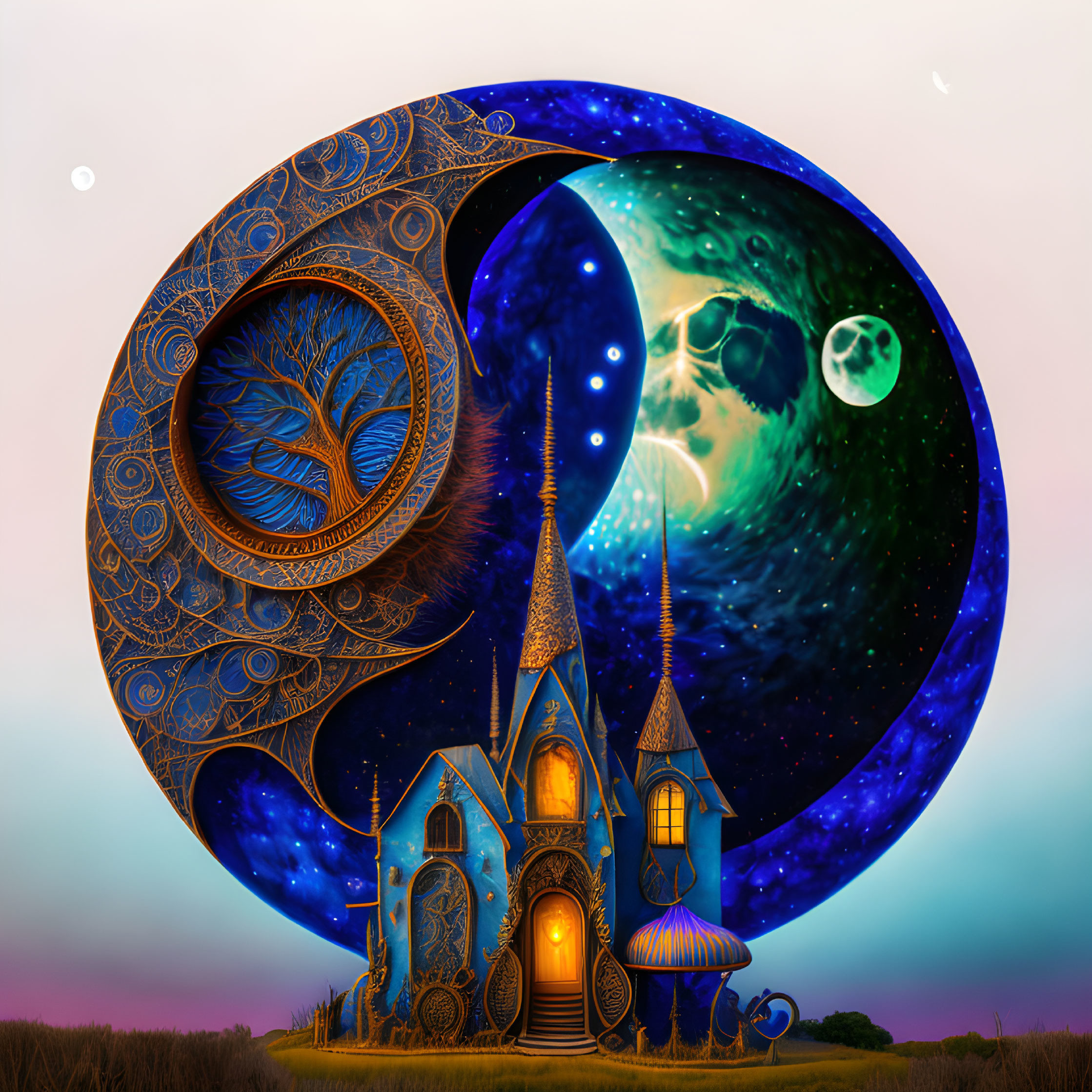 Intricate crescent moon art with luminous castle and starry sky