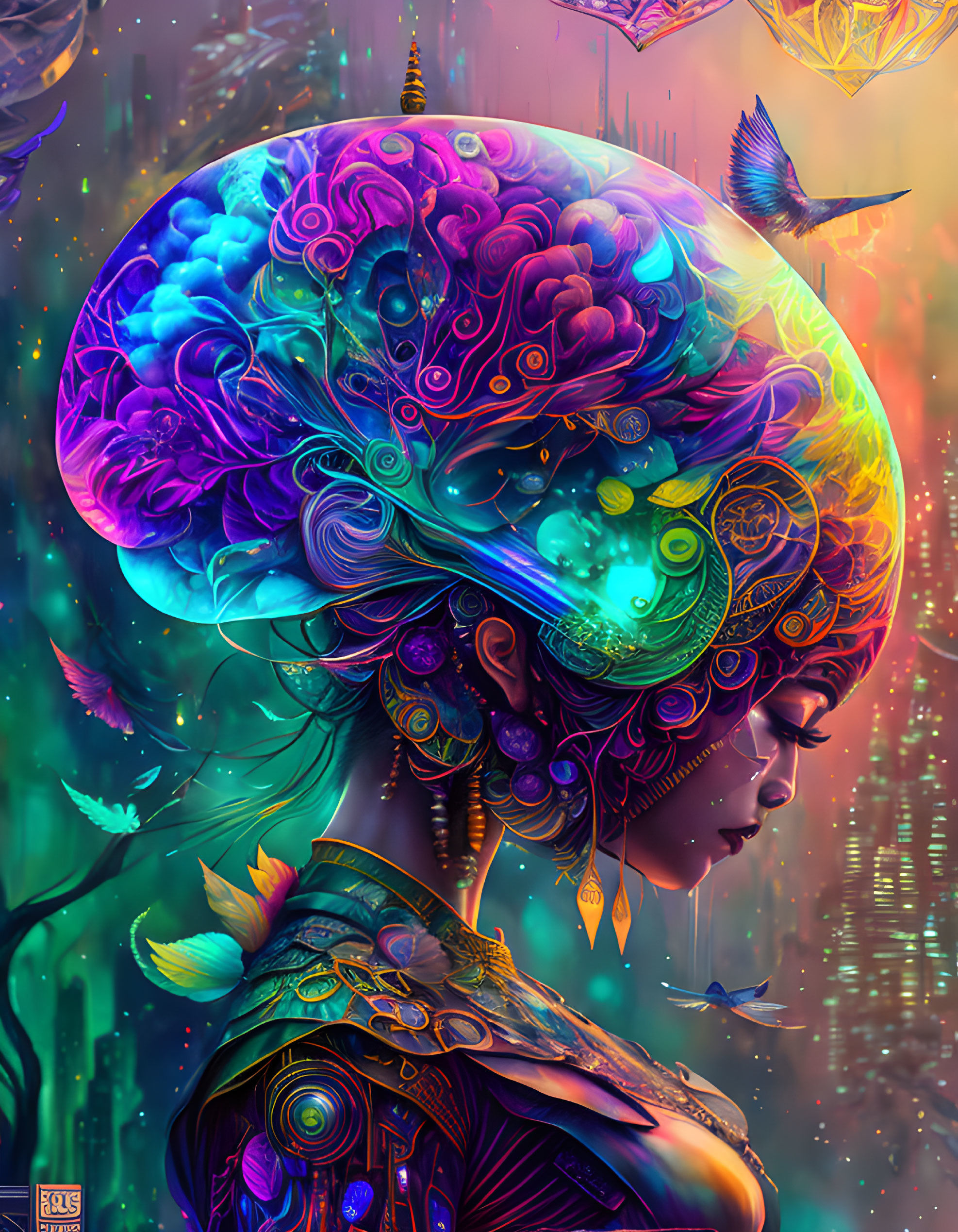 Colorful Psychedelic Artwork of Woman with Birds and Symbols