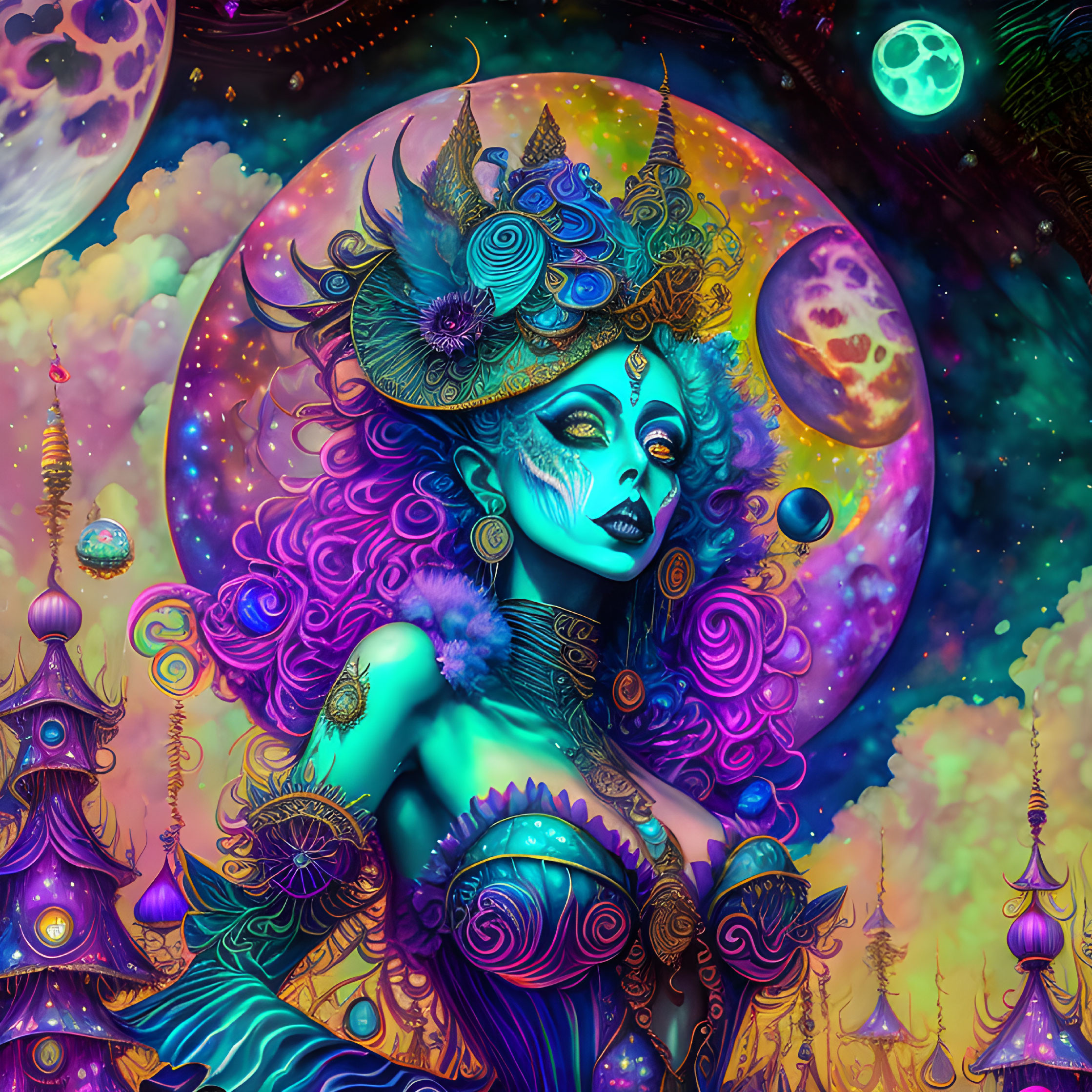 Vibrant digital artwork of female figure with cosmic elements